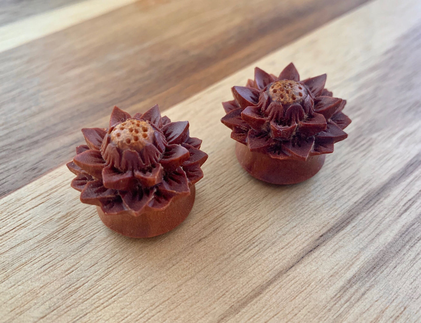 PAIR of Beautiful Lotus Flower Organic Sawo Wood Plugs - Gauges 0g (8mm) thru 1" (25mm) available!