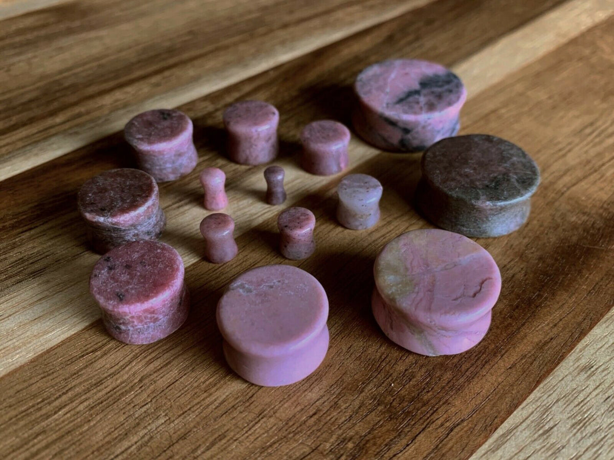 PAIR of Stunning Rhodonite Stone Plugs Organic Plugs - Gauges 2g (6mm) through 1" (25mm) available!