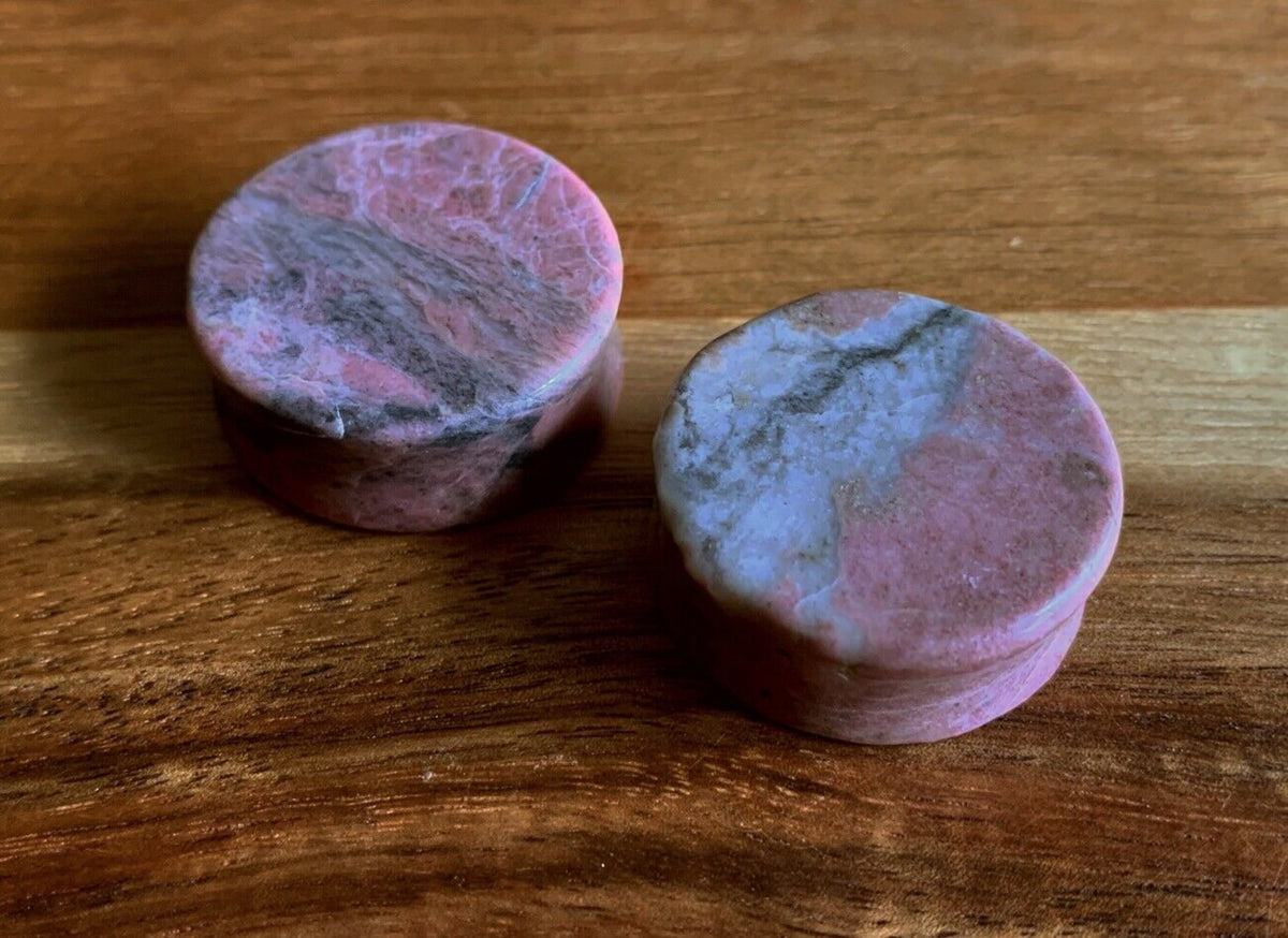 PAIR of Stunning Rhodonite Stone Plugs Organic Plugs - Gauges 2g (6mm) through 1" (25mm) available!