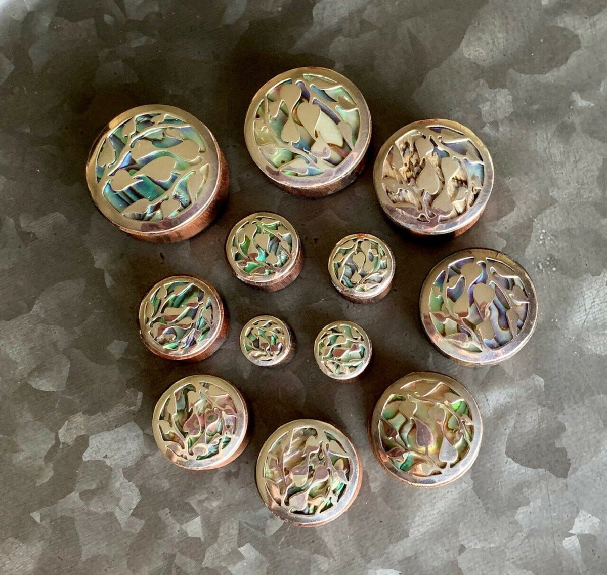 PAIR of Stunning Silver Leaves and Organic Abalone Shell Inlaid Sono Wood Saddle Plugs - Gauges 0000g (12mm) thru 1&3/8" (34mm) available!