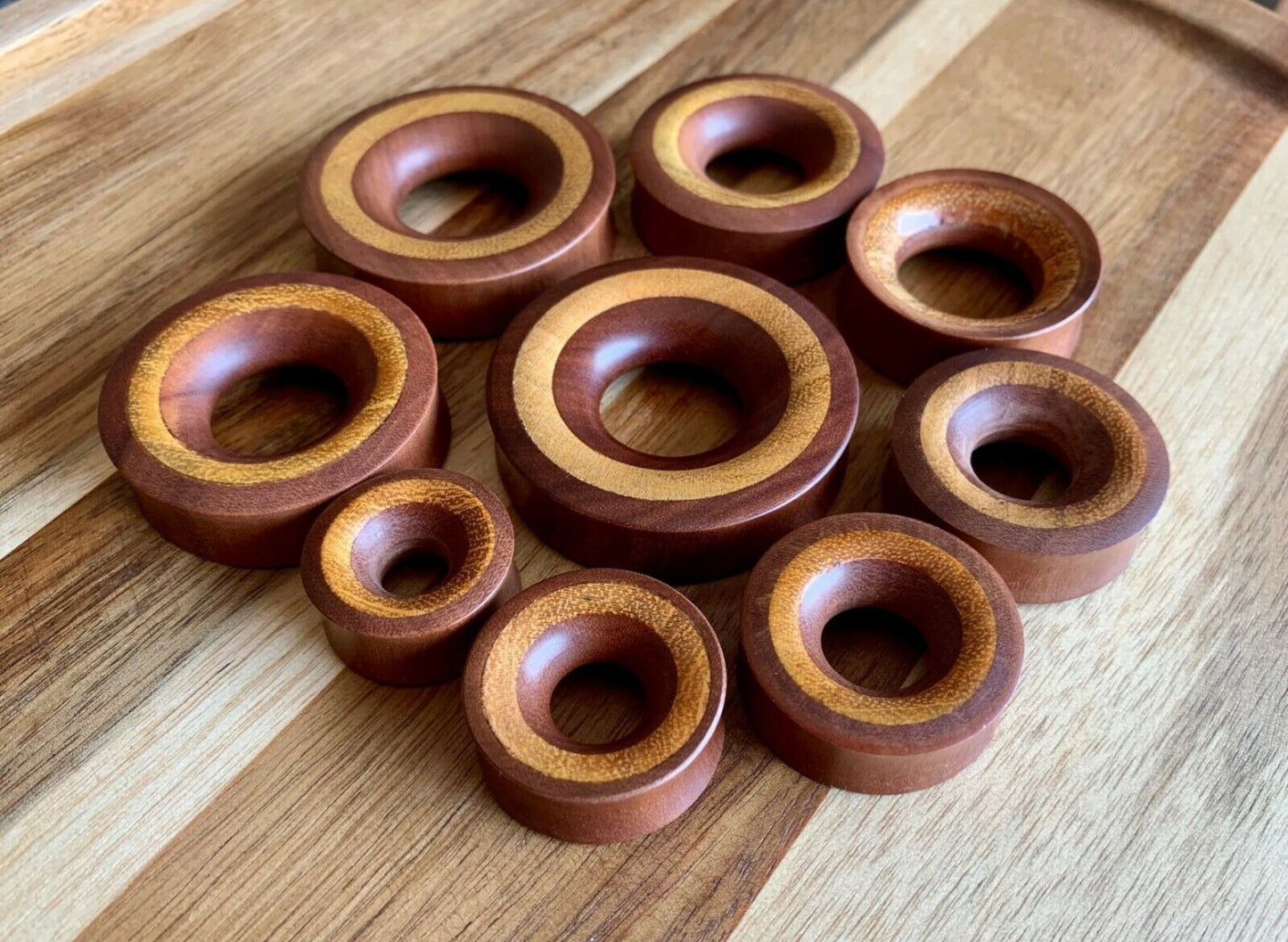 PAIR of Unique Concave Sawo Wood with Jackfruit Wood Inlay Tunnels/Plugs - Gauges 1" (25mm) thru 2" (52mm) available!