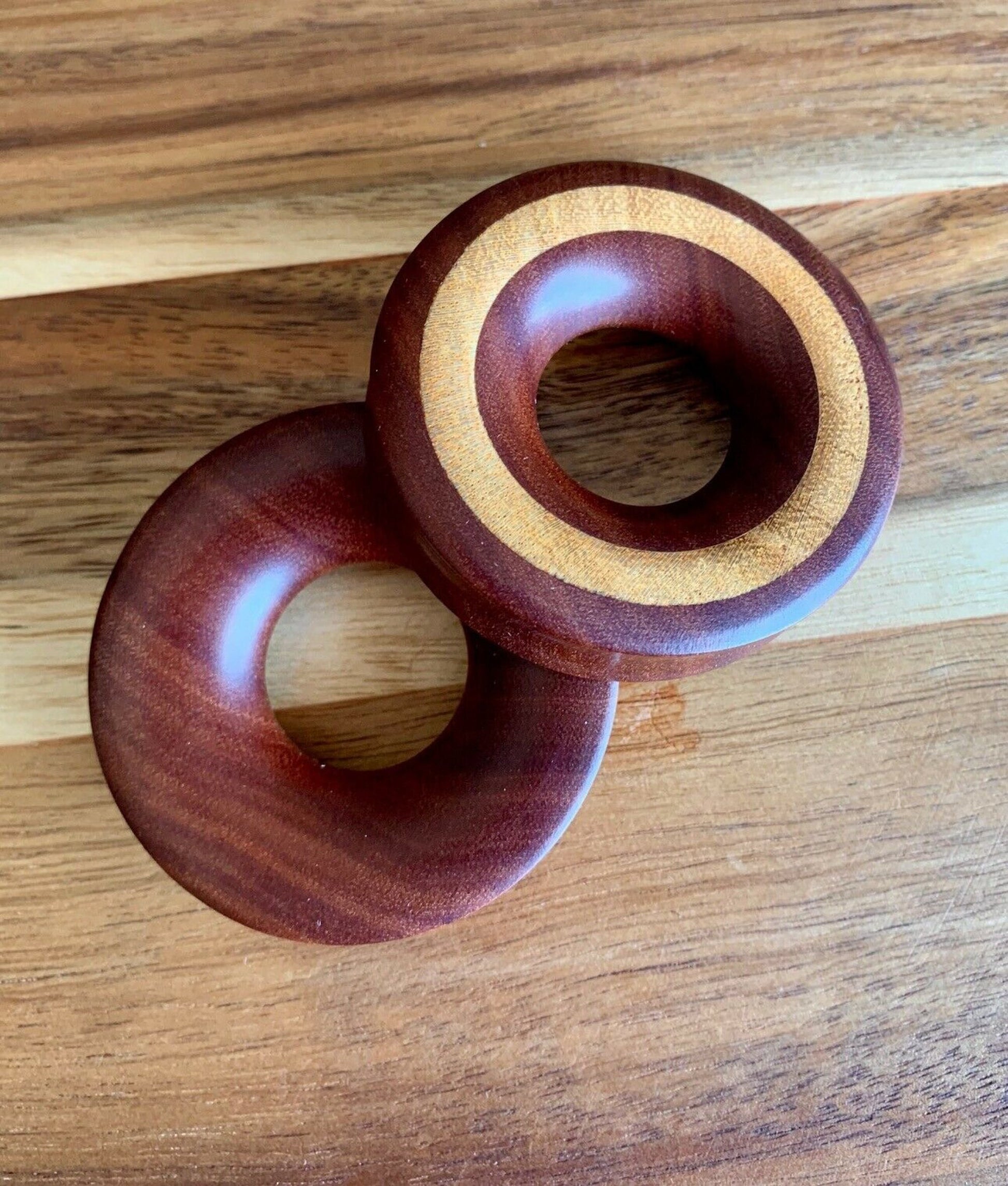 PAIR of Unique Concave Sawo Wood with Jackfruit Wood Inlay Tunnels/Plugs - Gauges 1" (25mm) thru 2" (52mm) available!