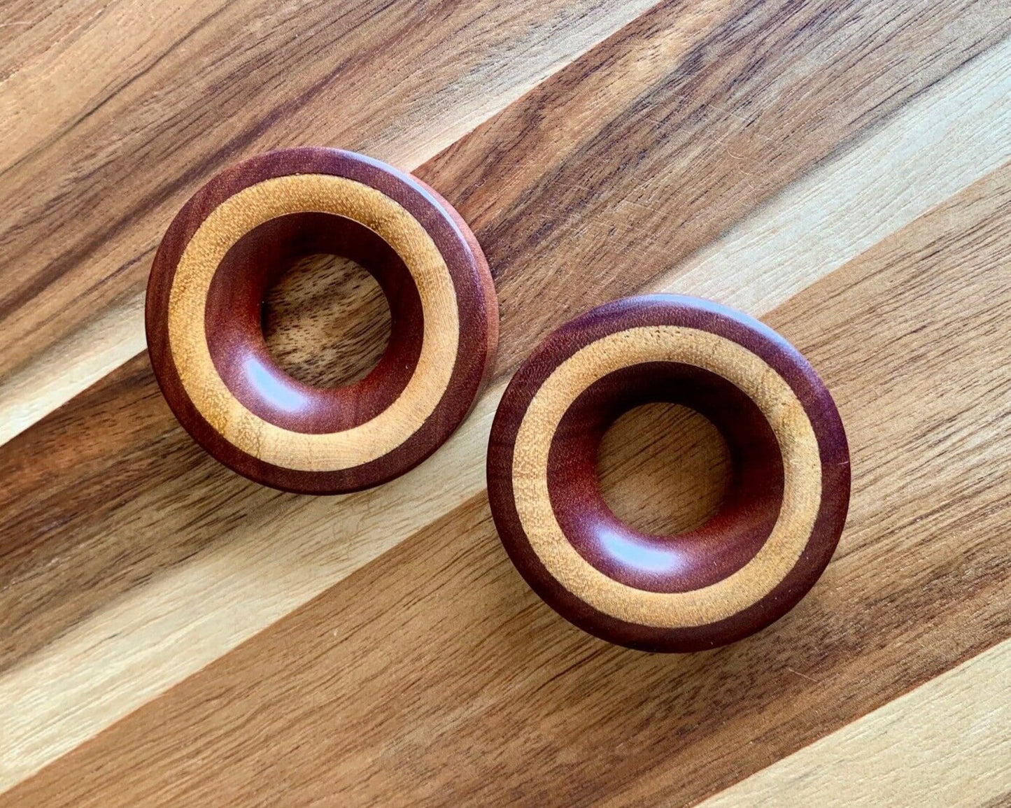 PAIR of Unique Concave Sawo Wood with Jackfruit Wood Inlay Tunnels/Plugs - Gauges 1" (25mm) thru 2" (52mm) available!