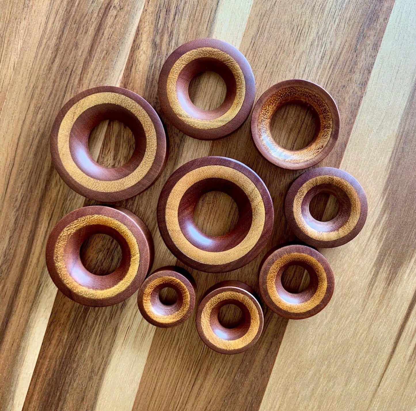 PAIR of Unique Concave Sawo Wood with Jackfruit Wood Inlay Tunnels/Plugs - Gauges 1" (25mm) thru 2" (52mm) available!