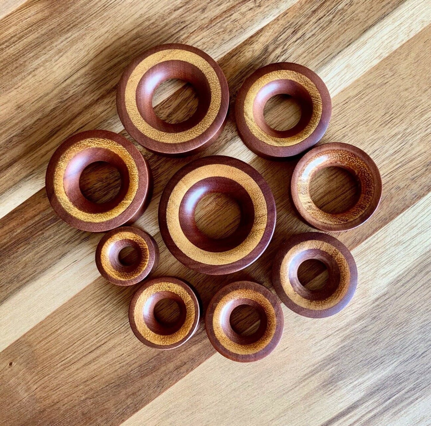 PAIR of Unique Concave Sawo Wood with Jackfruit Wood Inlay Tunnels/Plugs - Gauges 1" (25mm) thru 2" (52mm) available!