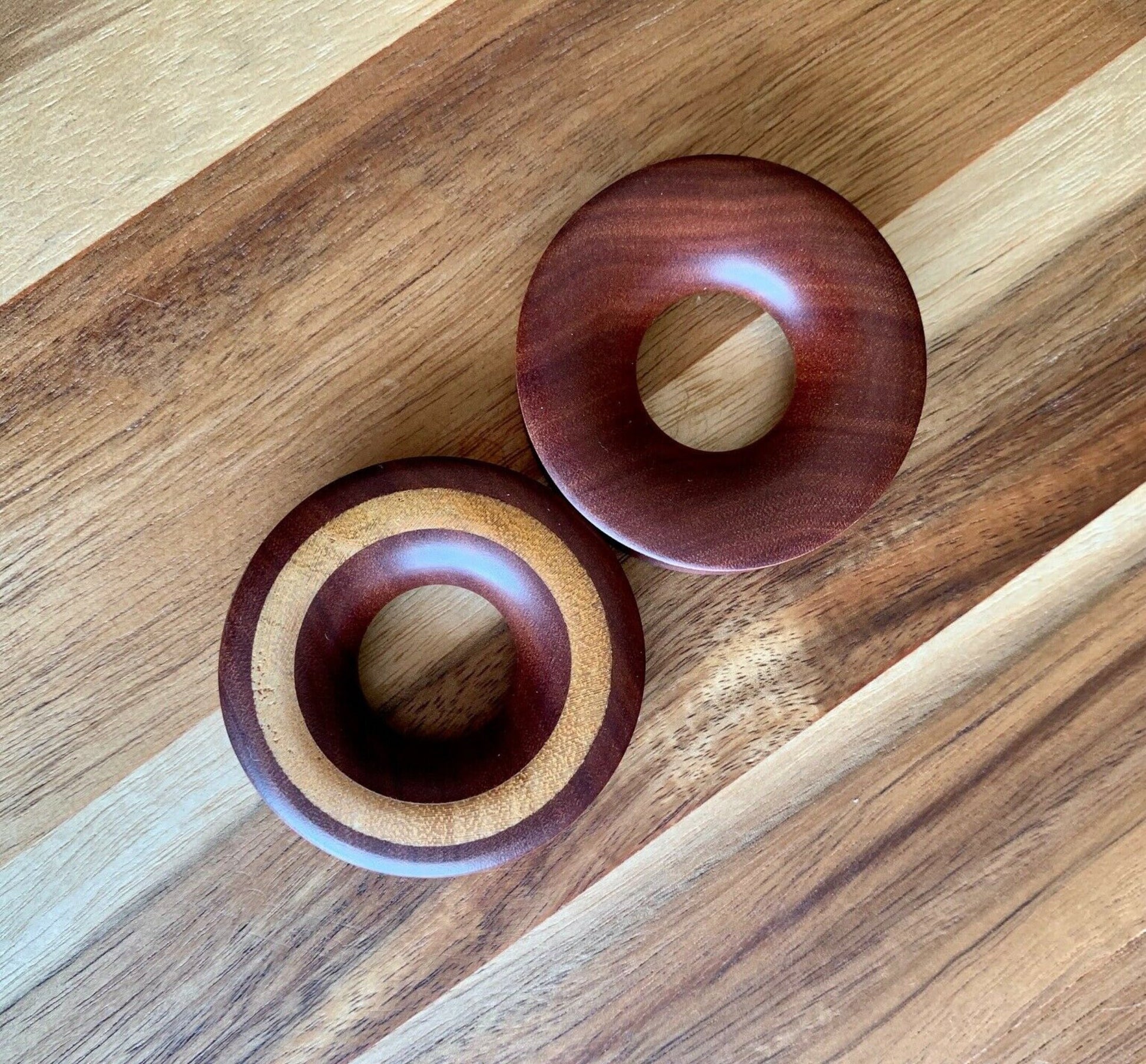 PAIR of Unique Concave Sawo Wood with Jackfruit Wood Inlay Tunnels/Plugs - Gauges 1" (25mm) thru 2" (52mm) available!