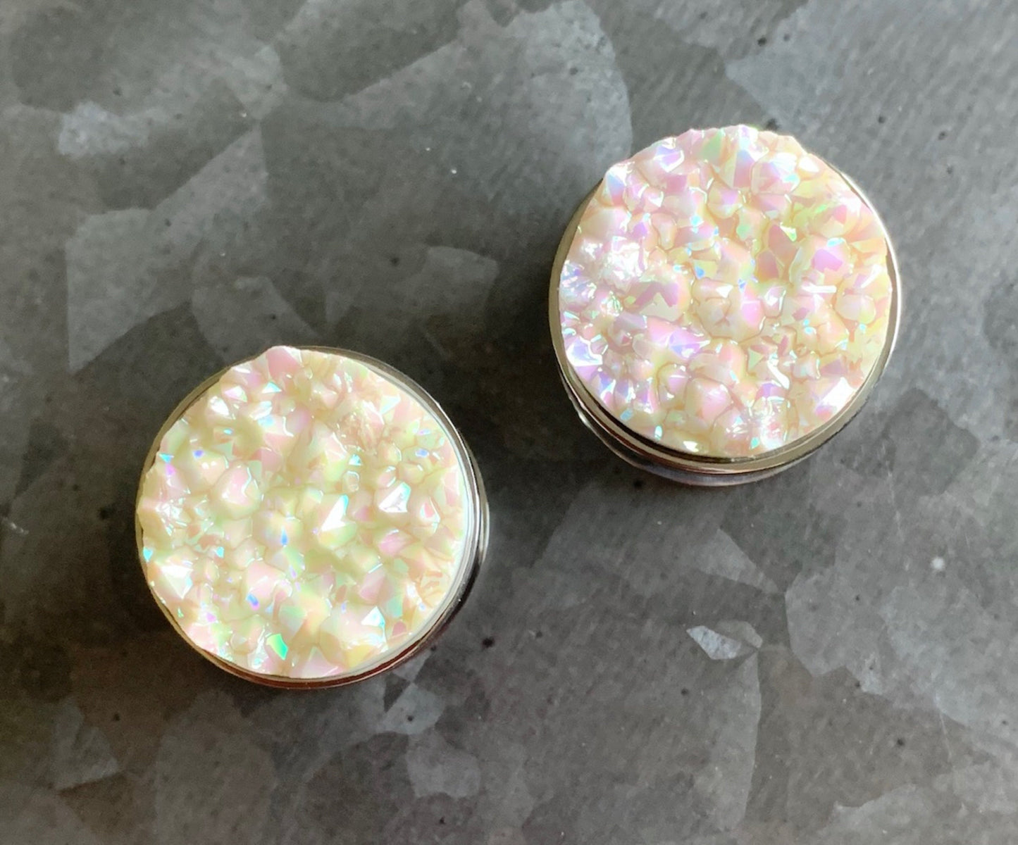 PAIR of Unique Synthetic Druzy Stone Steel Screw Fit Tunnels/Plugs - White or Blue - Gauges 2g (6mm) thru 5/8" (16mm) available!