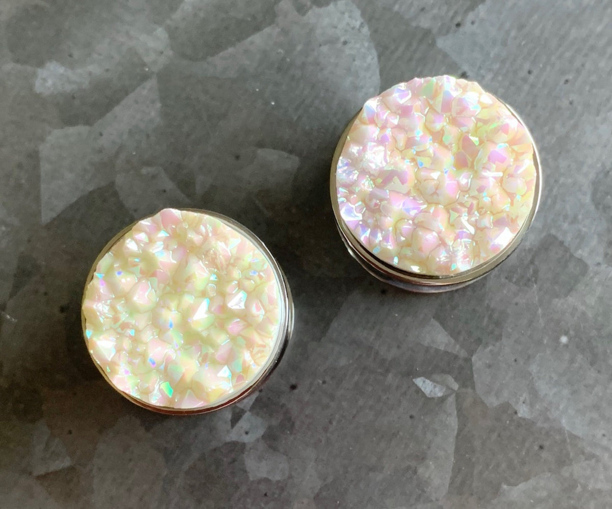 PAIR of Unique Synthetic Druzy Stone Steel Screw Fit Tunnels/Plugs - White or Blue - Gauges 2g (6mm) thru 5/8" (16mm) available!