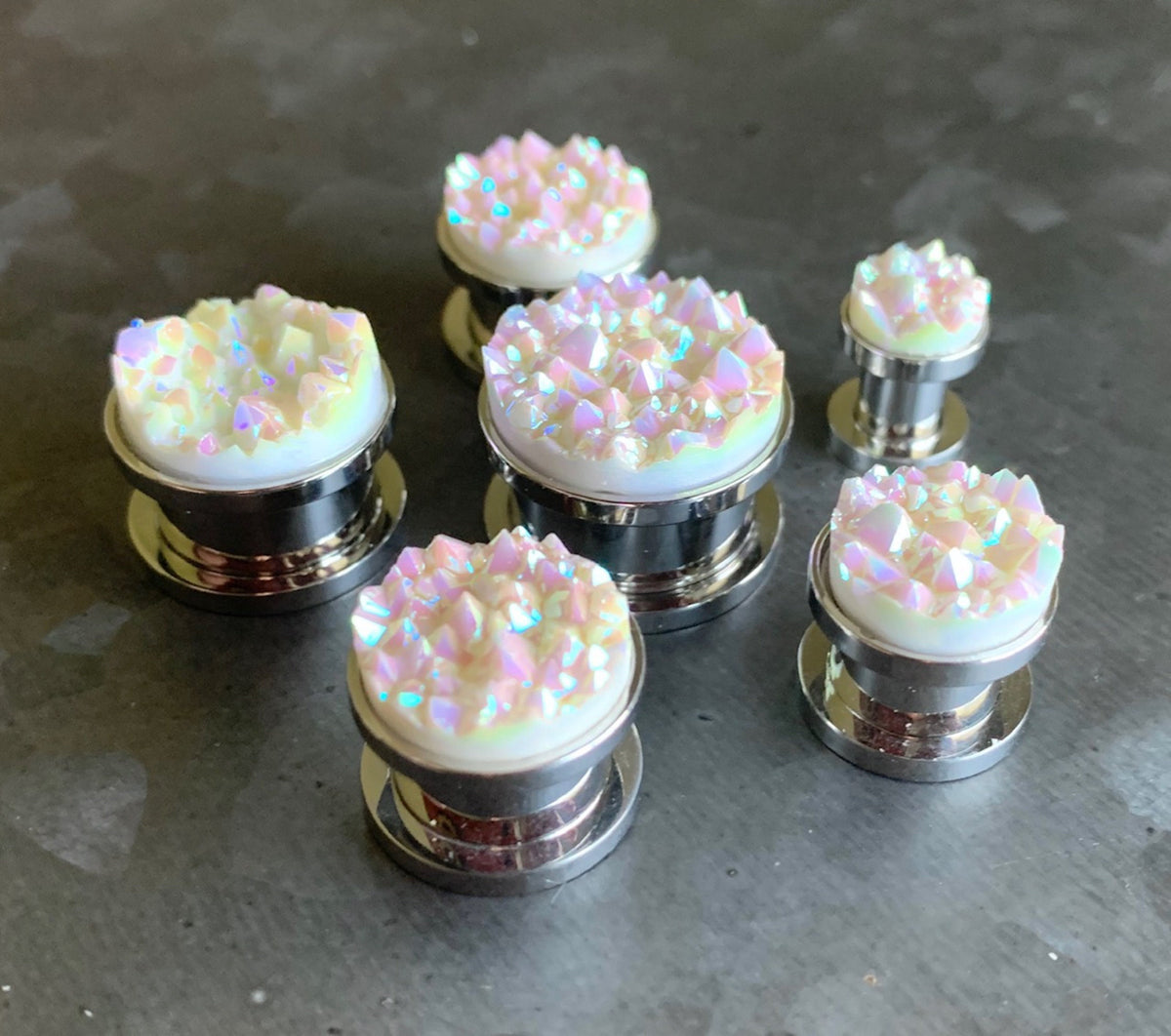 PAIR of Unique Synthetic Druzy Stone Steel Screw Fit Tunnels/Plugs - White or Blue - Gauges 2g (6mm) thru 5/8" (16mm) available!