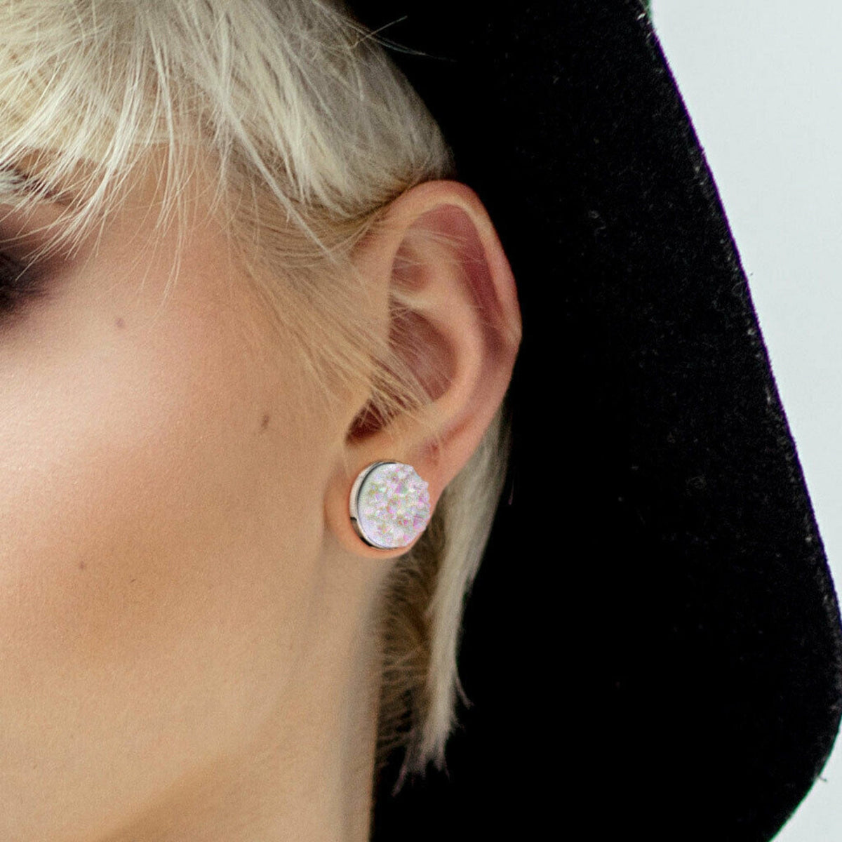 PAIR of Unique Synthetic Druzy Stone Steel Screw Fit Tunnels/Plugs - White or Blue - Gauges 2g (6mm) thru 5/8" (16mm) available!
