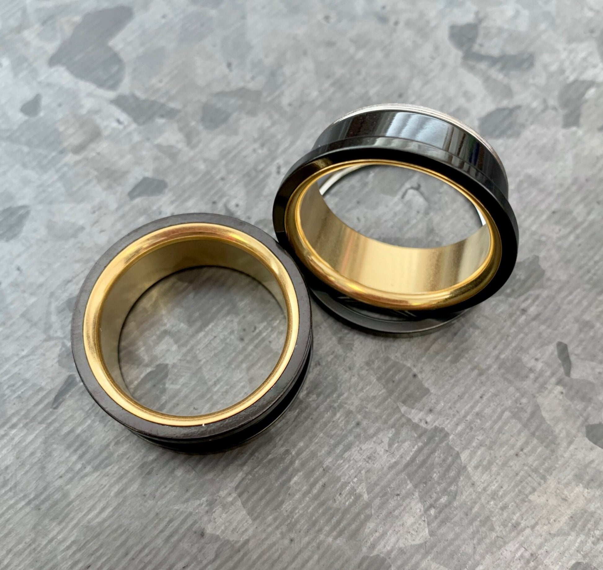 PAIR of Unique Black and Gold Interior Screw Fit Tunnels/Plugs - Gauges 2g (6mm) through 1" (25mm) available!