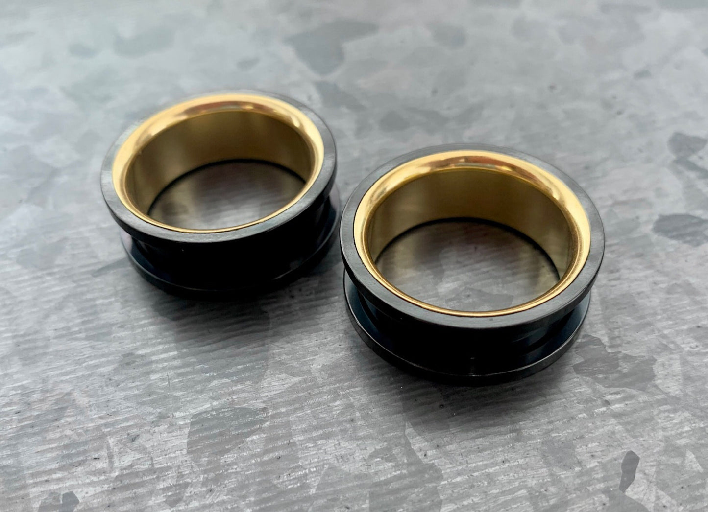 PAIR of Unique Black and Gold Interior Screw Fit Tunnels/Plugs - Gauges 2g (6mm) through 1" (25mm) available!