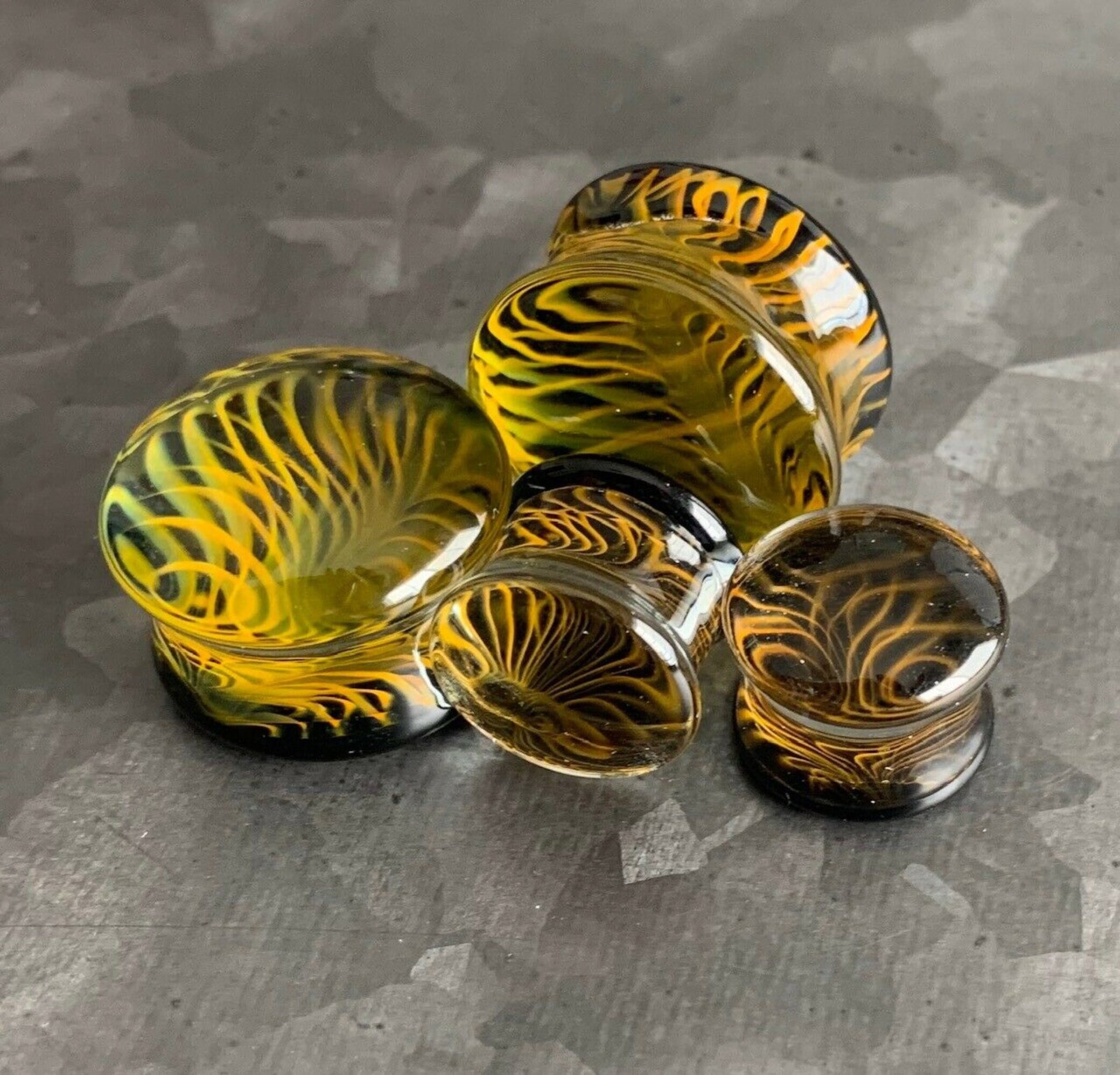 PAIR of Stunning Golden Black Design Pyrex Glass Double Flare Plugs - Gauges 2g (6mm) through 3/4" (19mm) available!