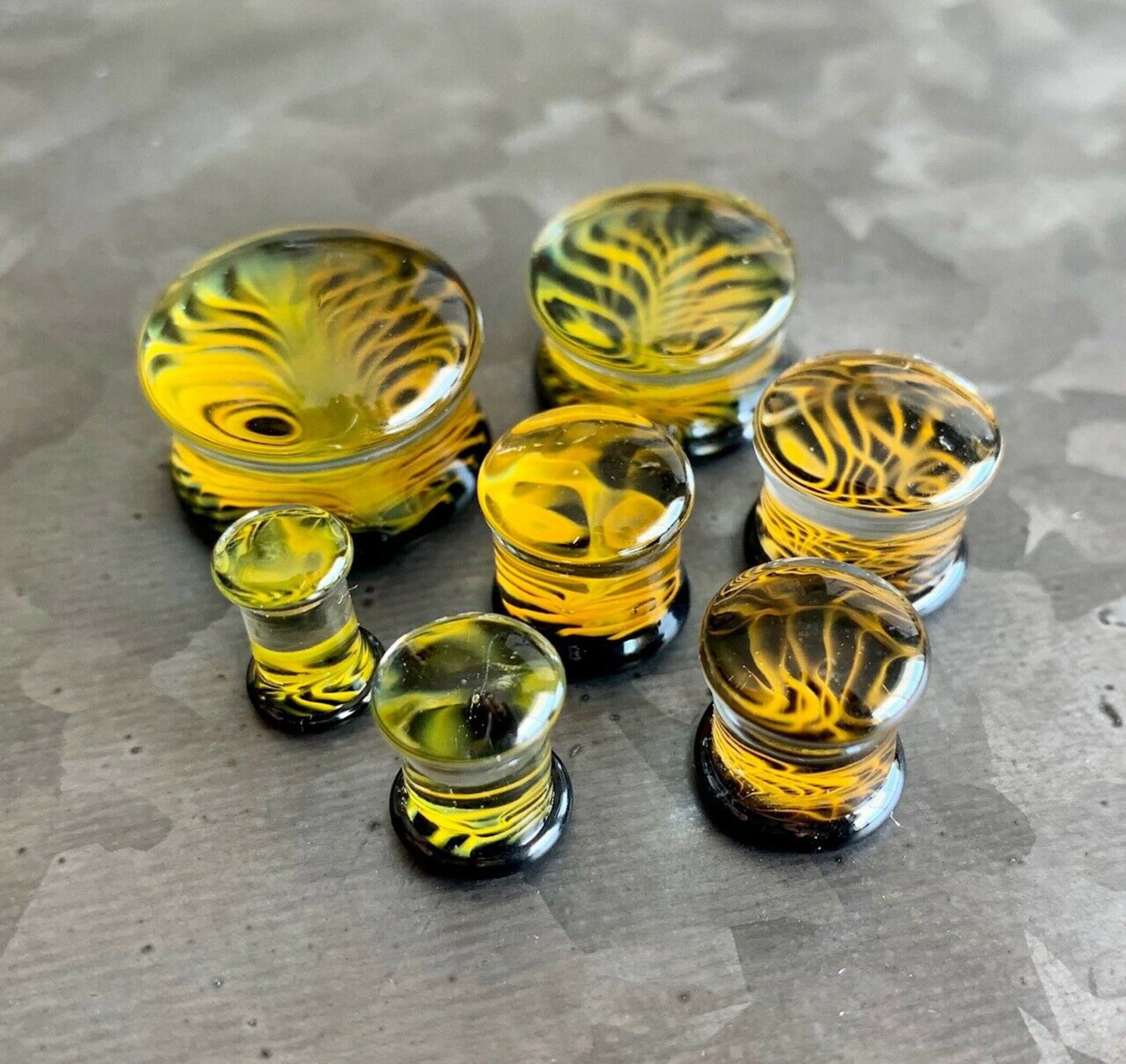 PAIR of Stunning Golden Black Design Pyrex Glass Double Flare Plugs - Gauges 2g (6mm) through 3/4" (19mm) available!