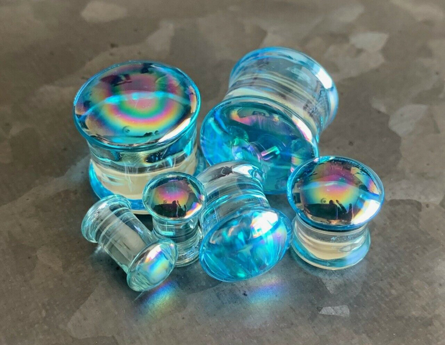 PAIR of Unique Light Blue Pearl Design Pyrex Glass Double Flare Plugs - Gauges 2g (6mm) through 5/8" (16mm) available!