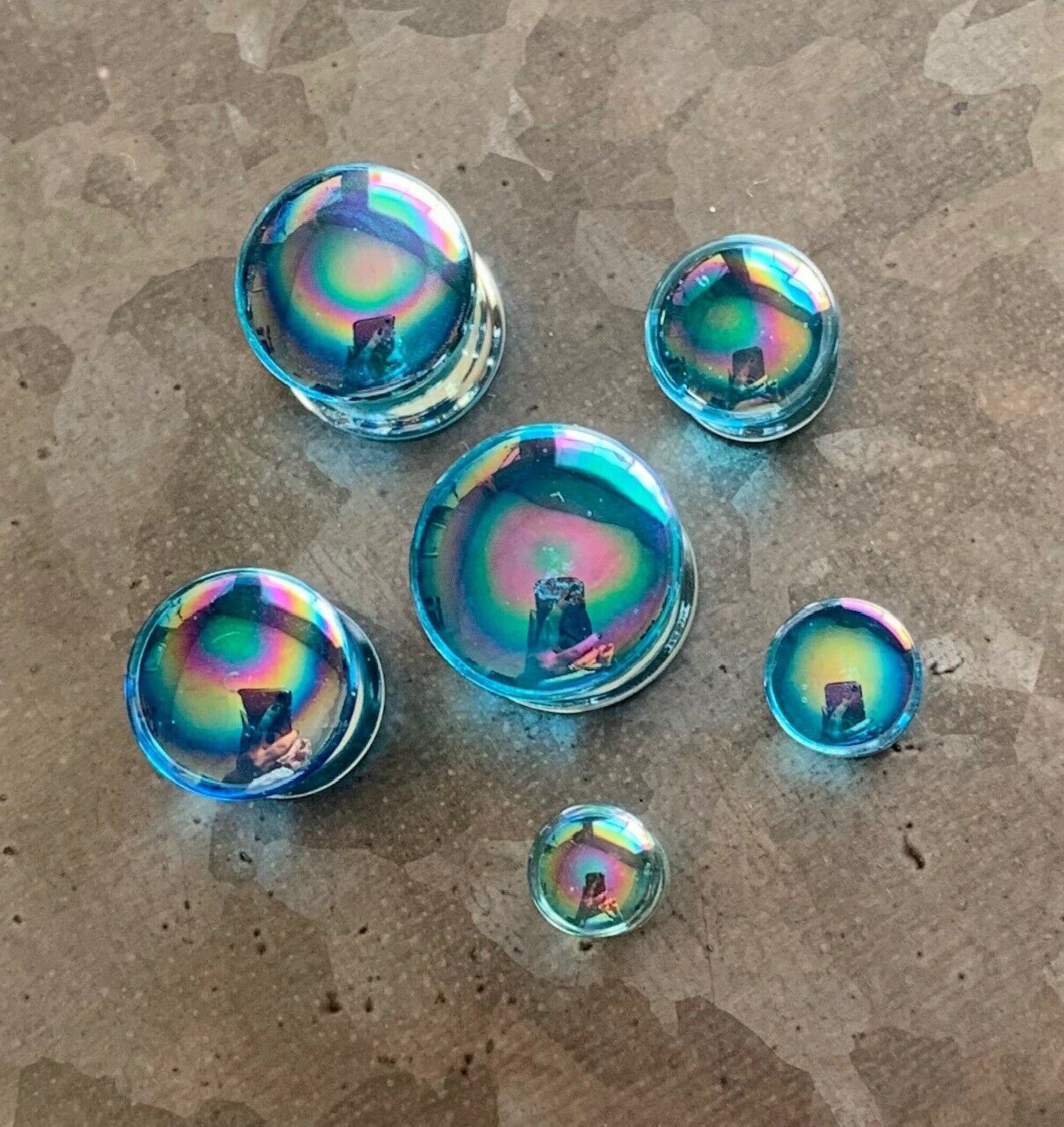 PAIR of Unique Light Blue Pearl Design Pyrex Glass Double Flare Plugs - Gauges 2g (6mm) through 5/8" (16mm) available!