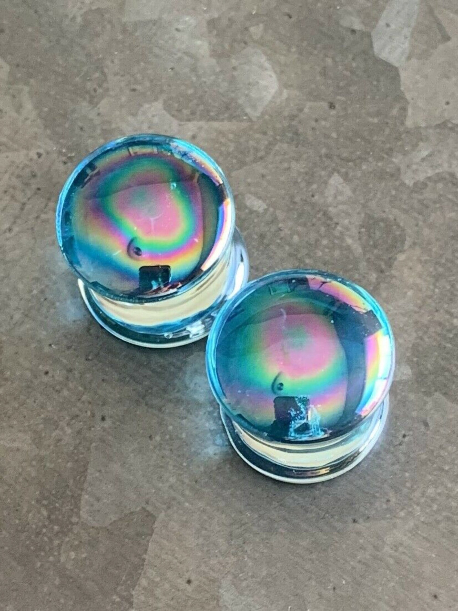 PAIR of Unique Light Blue Pearl Design Pyrex Glass Double Flare Plugs - Gauges 2g (6mm) through 5/8" (16mm) available!