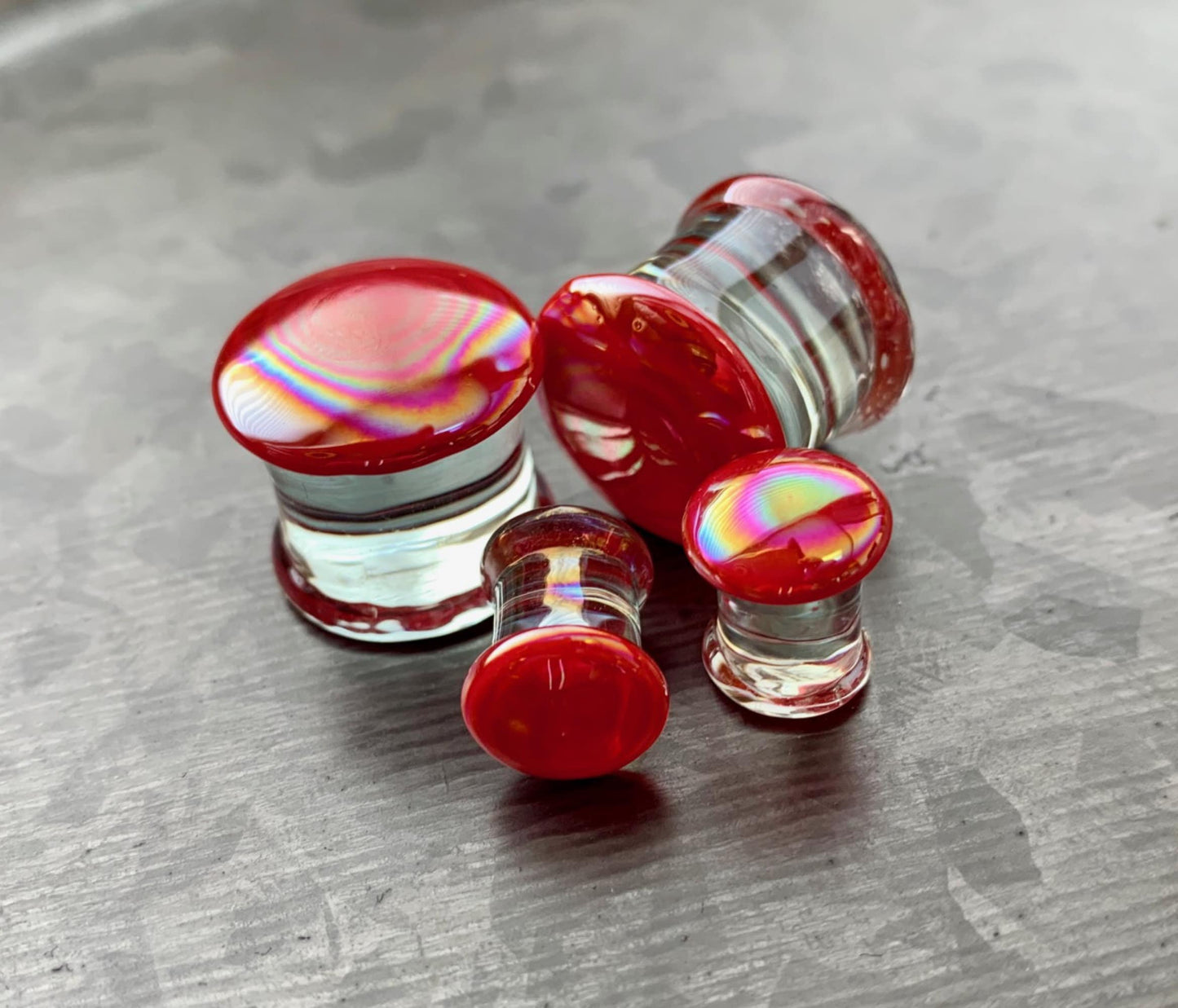 PAIR of Red Fire Pearl Design Pyrex Glass Double Flare Plugs - Gauges 2g (6mm) thru 5/8" (16mm) available!