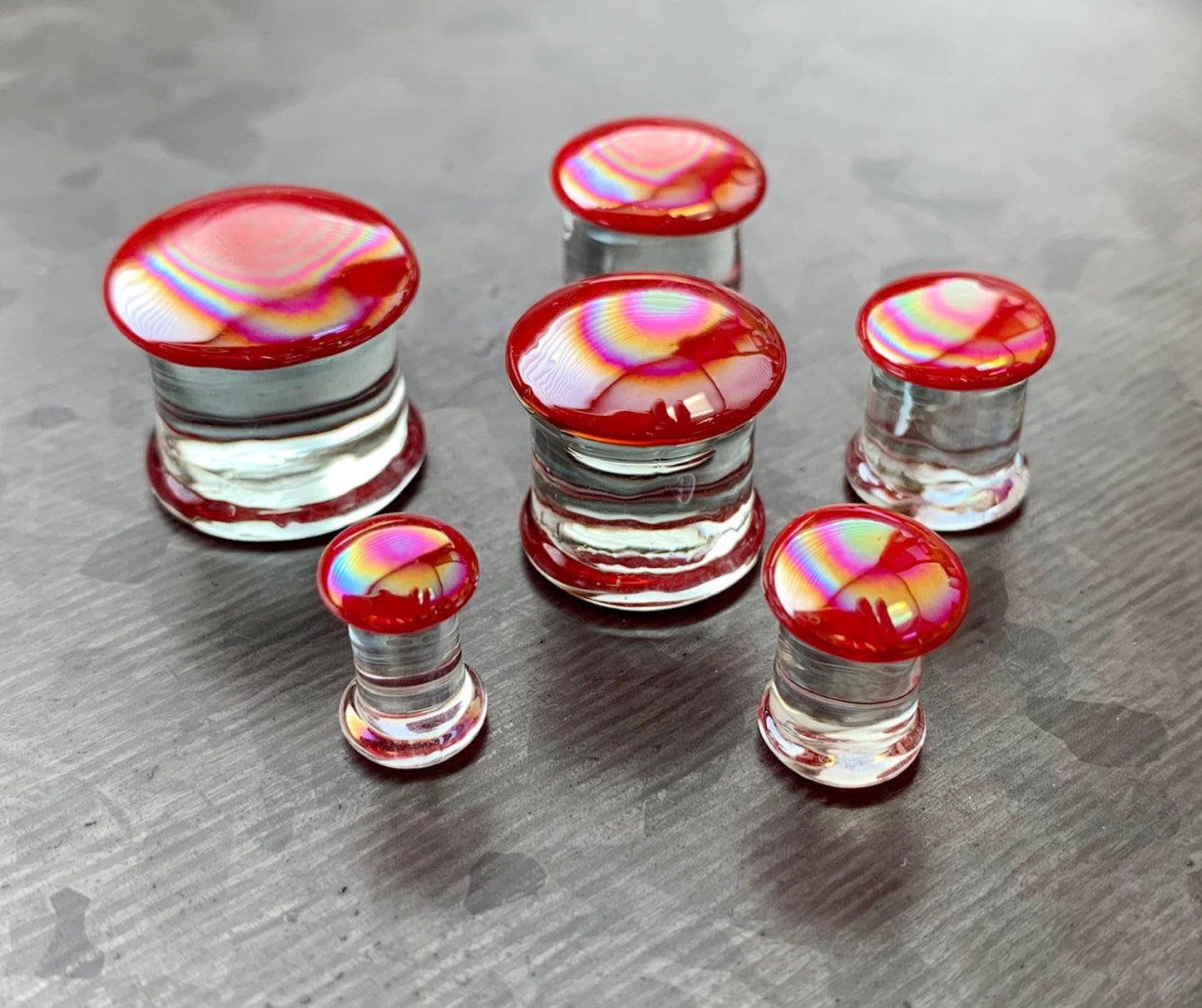 PAIR of Red Fire Pearl Design Pyrex Glass Double Flare Plugs - Gauges 2g (6mm) thru 5/8" (16mm) available!