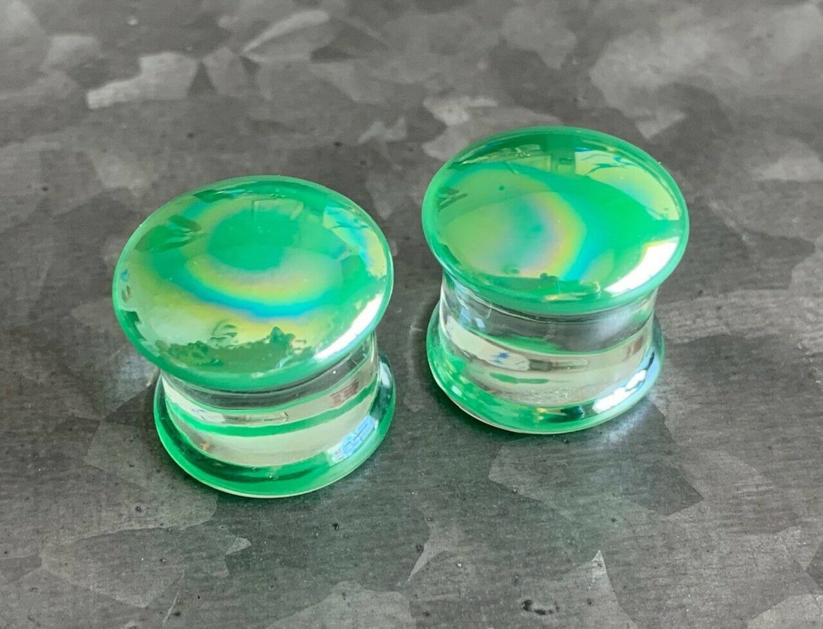 PAIR of Beautiful Green Pearl Design Pyrex Glass Double Flare Plugs - Gauges 2g (6mm) through 5/8" (16mm) available!