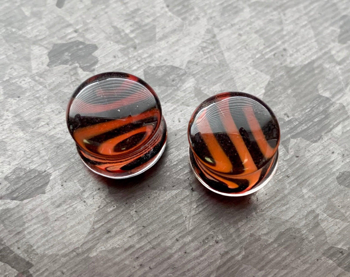 PAIR of Red Feather Design Pyrex Glass Double Flare Plugs - Gauges 2g (6mm) through 5/8" (16mm) available!