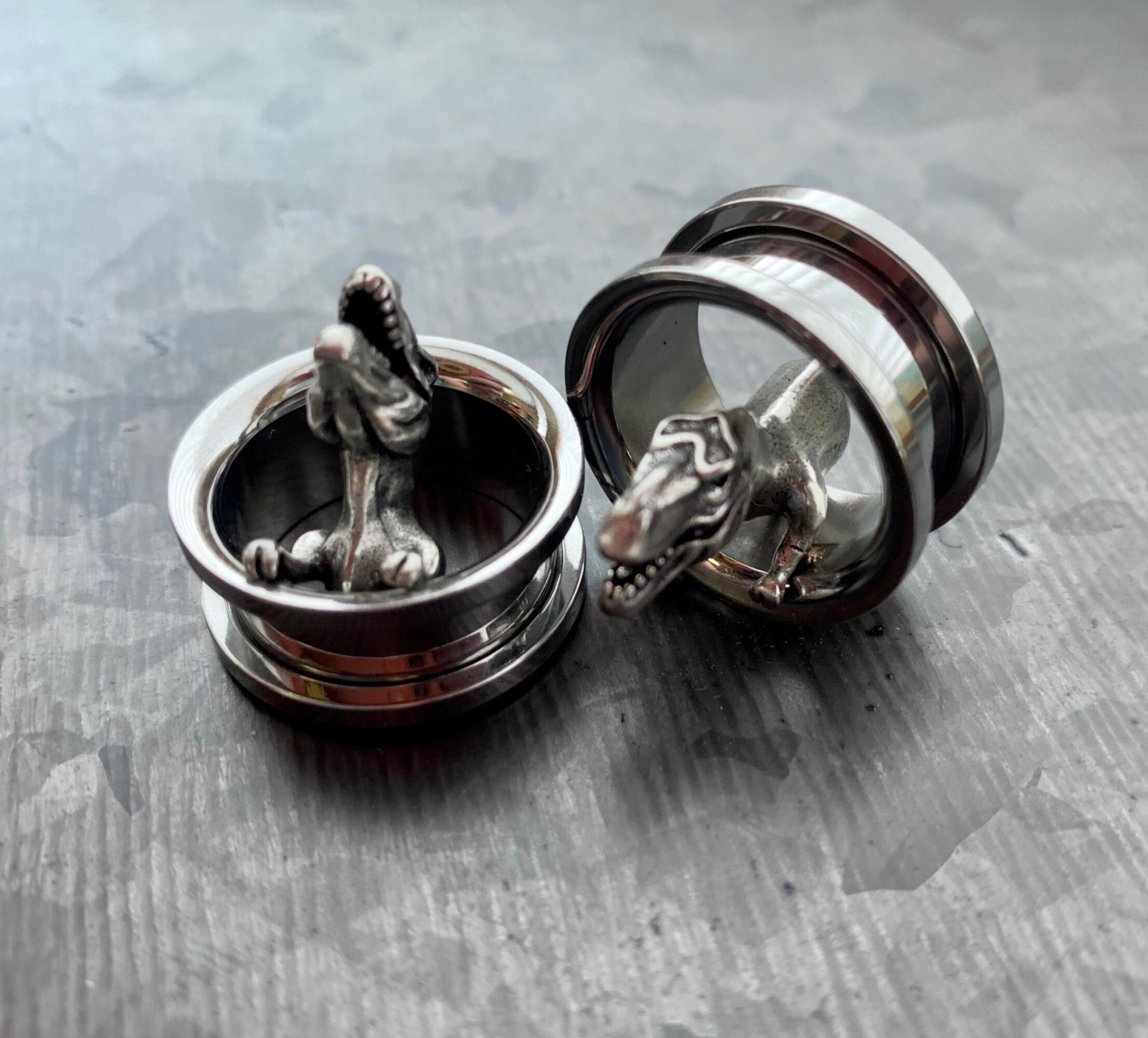 PAIR of Unique T-Rex Surgical Steel Screw Fit Tunnels/Plugs - Gauges 00g (10mm) up to 3/4" (19mm) available!