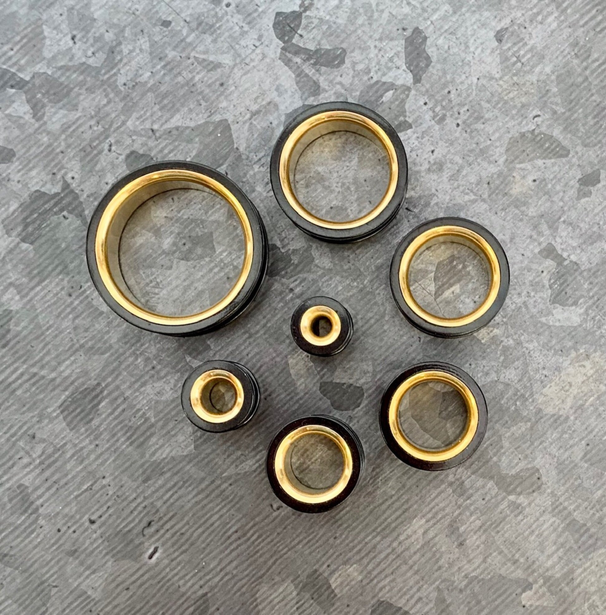 PAIR of Unique Black and Gold Interior Screw Fit Tunnels/Plugs - Gauges 2g (6mm) through 1" (25mm) available!