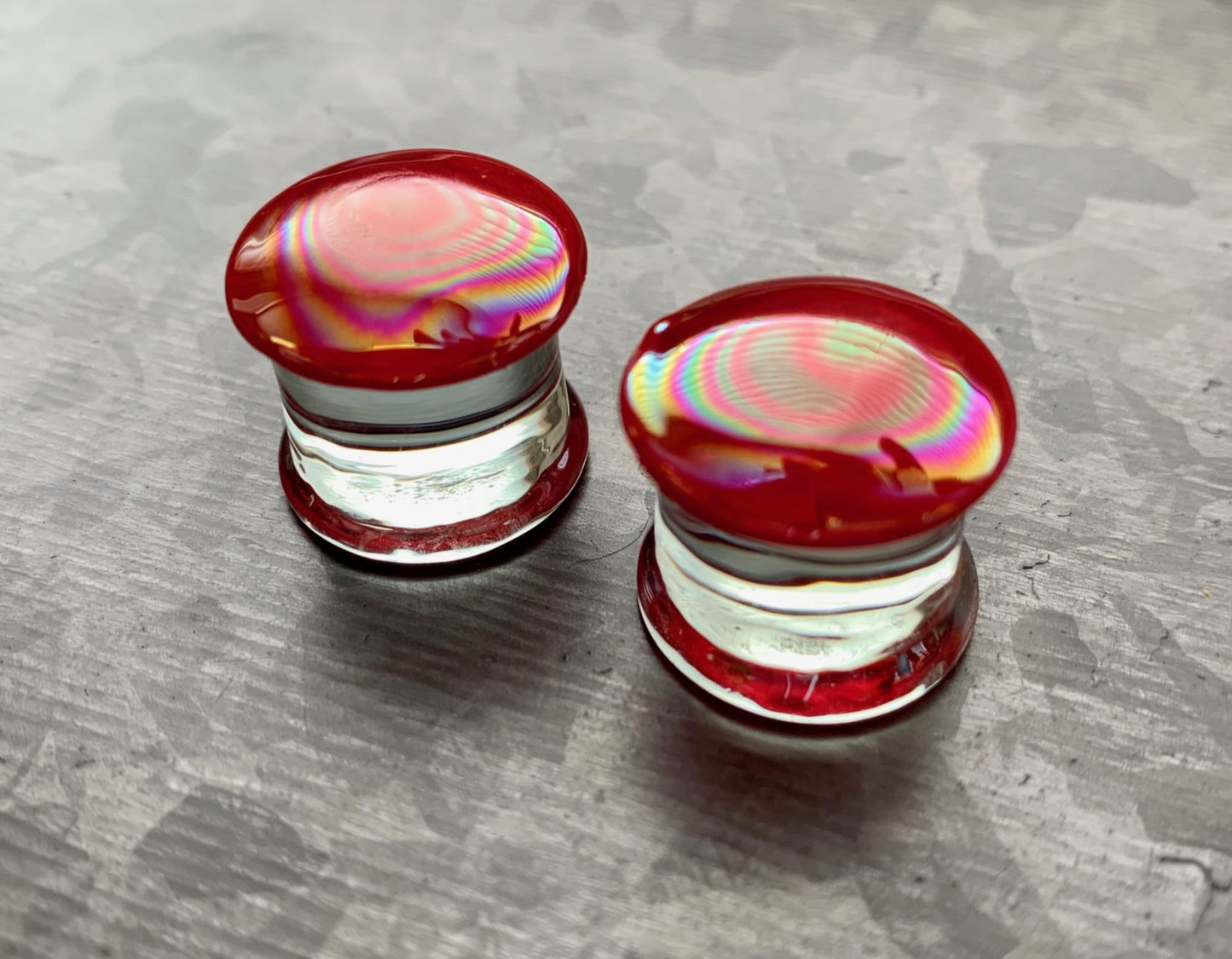 PAIR of Red Fire Pearl Design Pyrex Glass Double Flare Plugs - Gauges 2g (6mm) thru 5/8" (16mm) available!