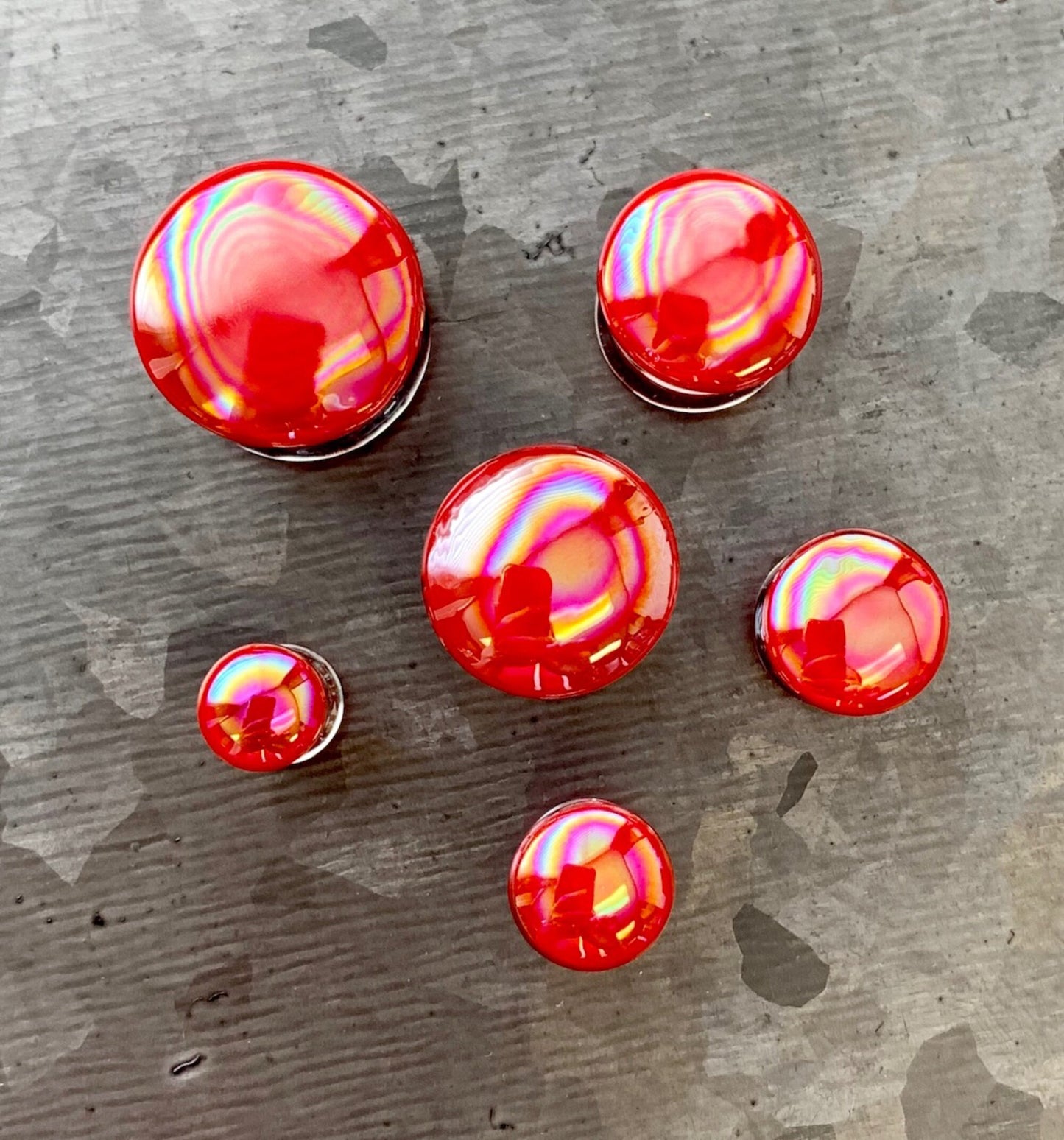 PAIR of Red Fire Pearl Design Pyrex Glass Double Flare Plugs - Gauges 2g (6mm) thru 5/8" (16mm) available!