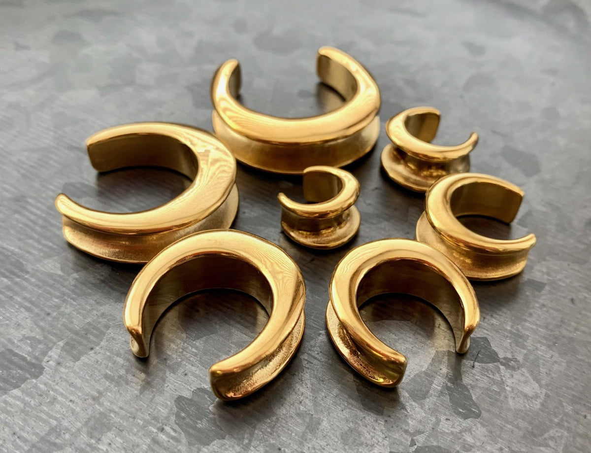 Pair of Stunning Gold Saddle Surgical Steel Ear Spreaders Hanger-Tunnels/Plugs - Gauges 00g (10mm) thru 1" (25mm) available!