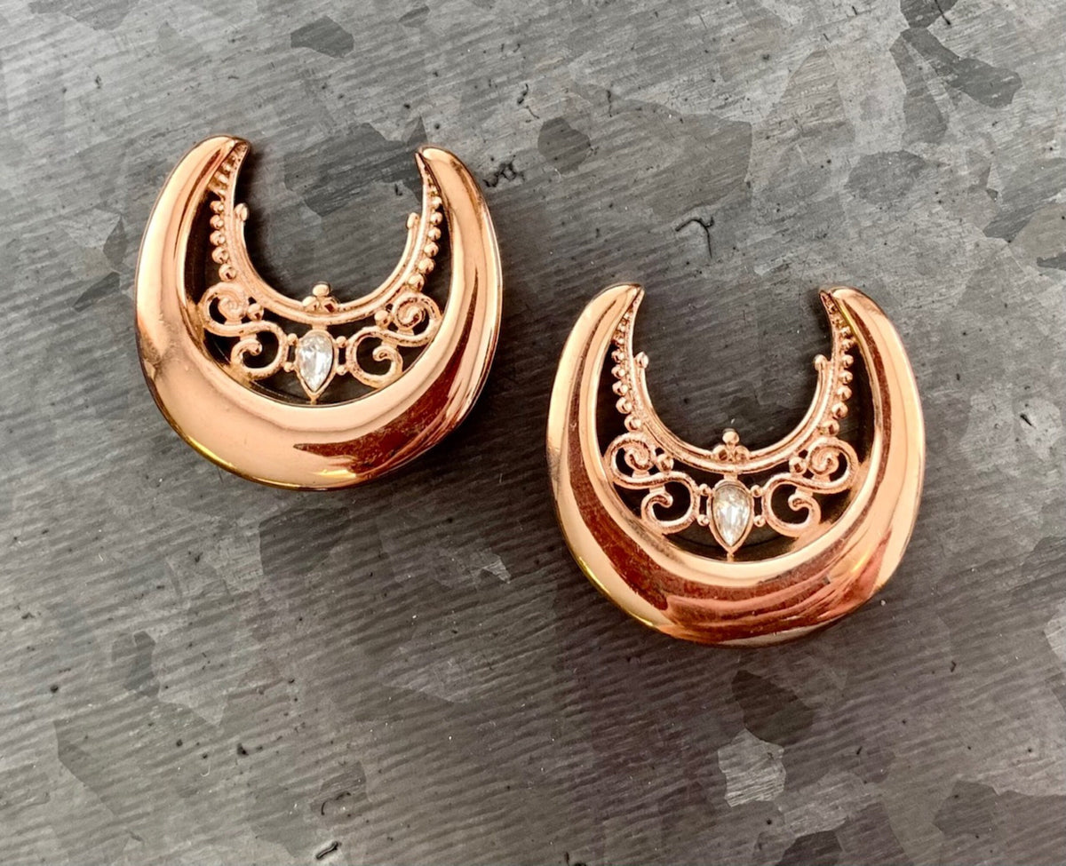 PAIR of Floral Filigree Saddle Surgical Steel Ear Spreaders with CZ Gem Hanger-Tunnels/Plugs - Gauges 00g (10mm) thru 1" (25mm) available!
