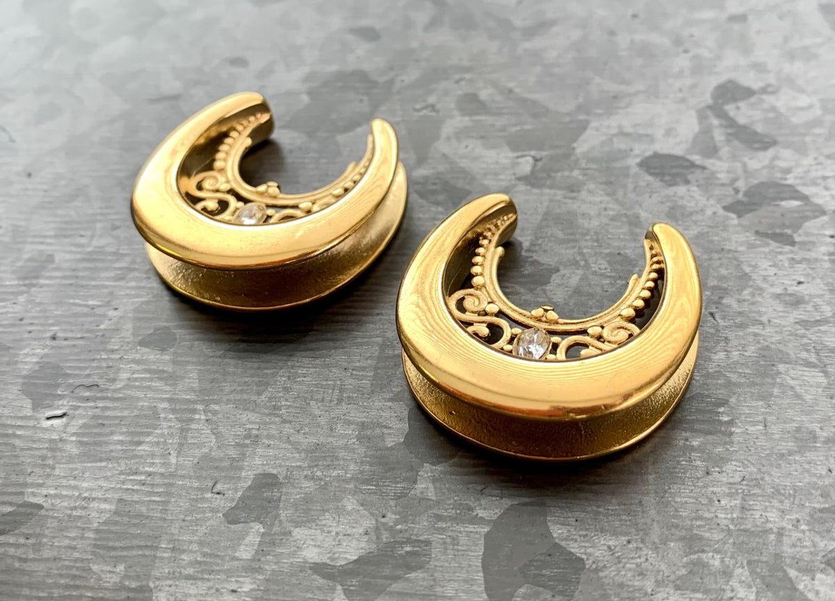 PAIR of Floral Filigree Saddle Surgical Steel Ear Spreaders with CZ Gem Hanger-Tunnels/Plugs - Gauges 00g (10mm) thru 1" (25mm) available!