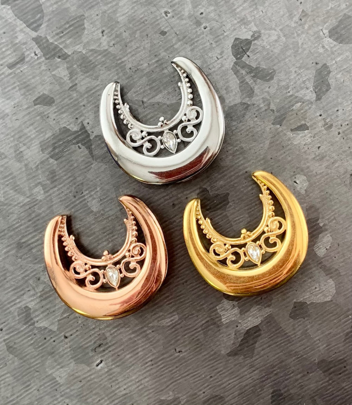 PAIR of Floral Filigree Saddle Surgical Steel Ear Spreaders with CZ Gem Hanger-Tunnels/Plugs - Gauges 00g (10mm) thru 1" (25mm) available!