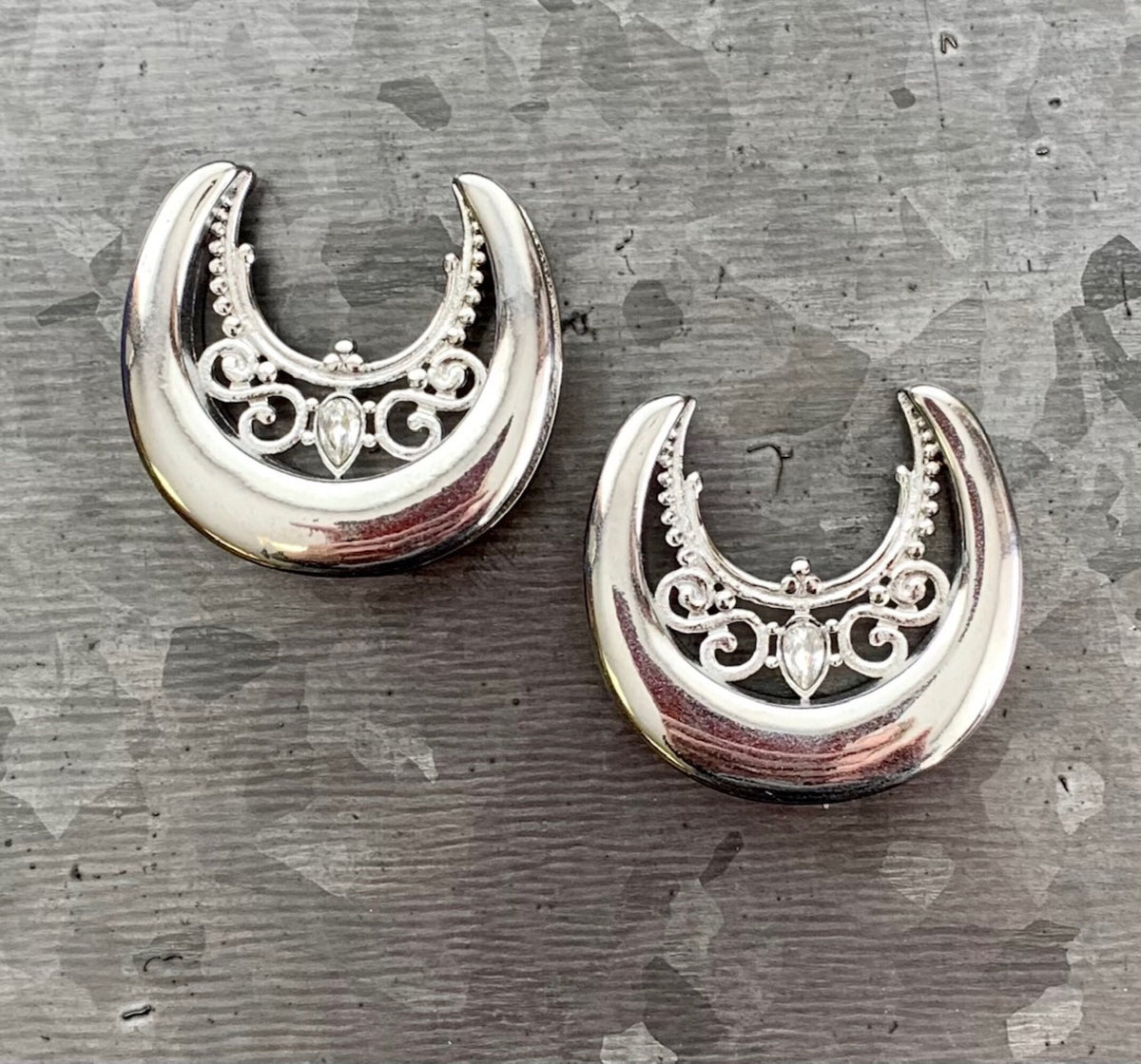 PAIR of Floral Filigree Saddle Surgical Steel Ear Spreaders with CZ Gem Hanger-Tunnels/Plugs - Gauges 00g (10mm) thru 1" (25mm) available!