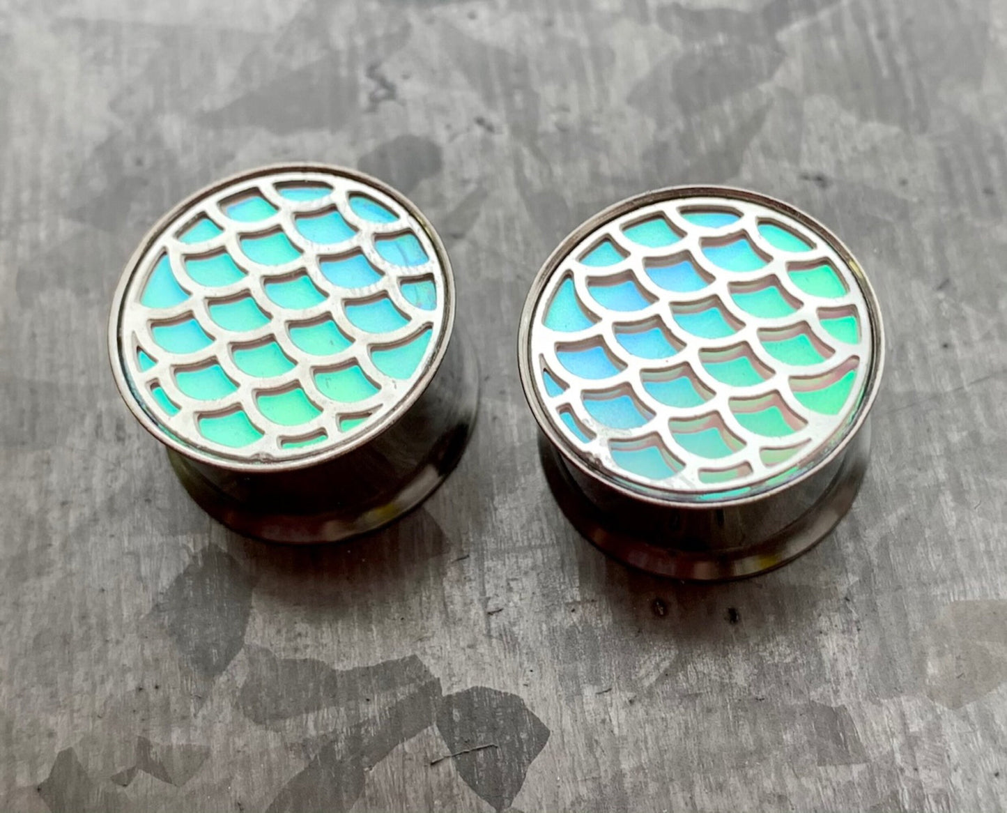 PAIR of Unique Hologram Fish Scale Stainless Steel Double Flare Tunnels/Plugs - Gauges 0g (8mm) through 5/8" (16mm) available!