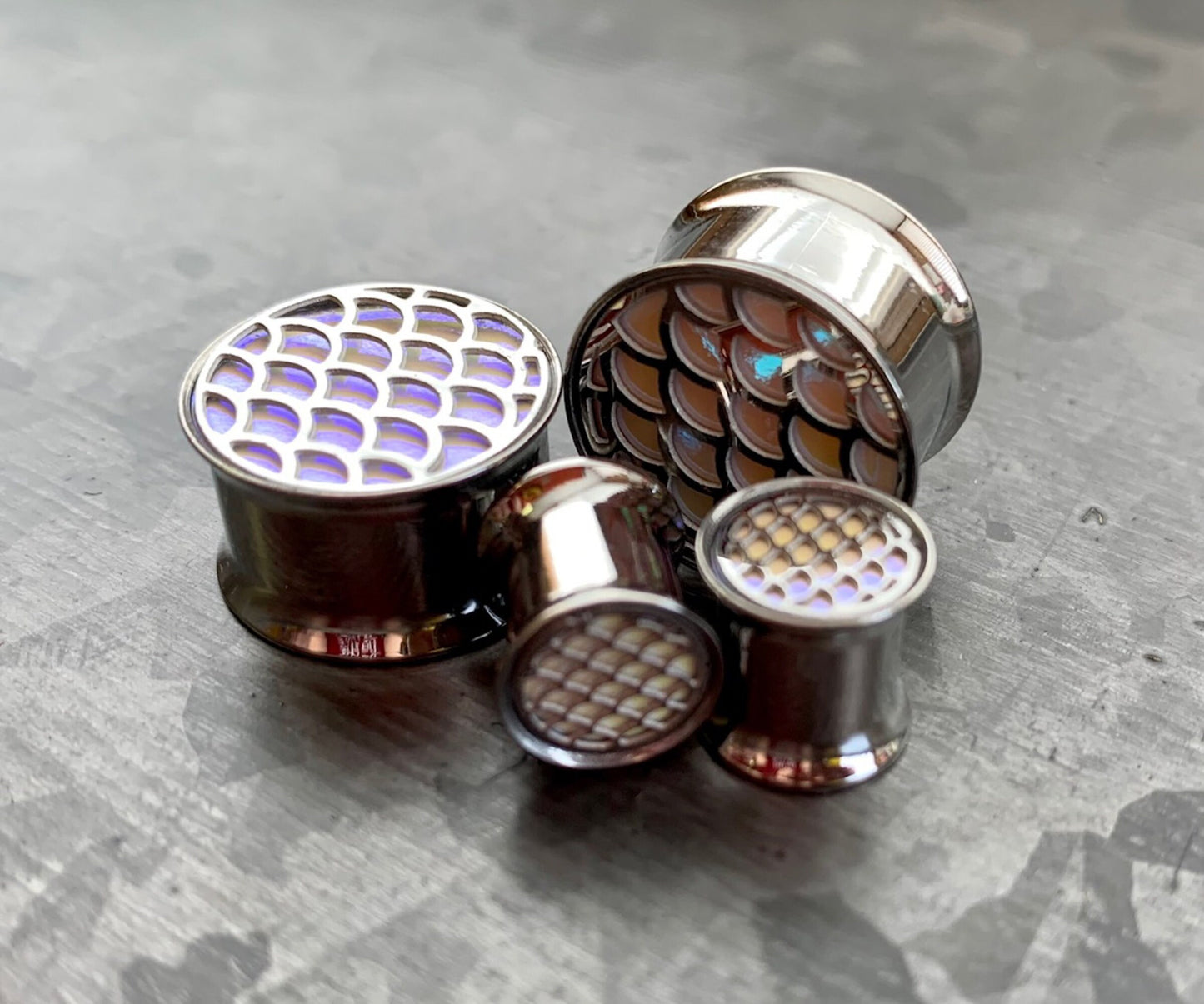 PAIR of Unique Hologram Fish Scale Stainless Steel Double Flare Tunnels/Plugs - Gauges 0g (8mm) through 5/8" (16mm) available!