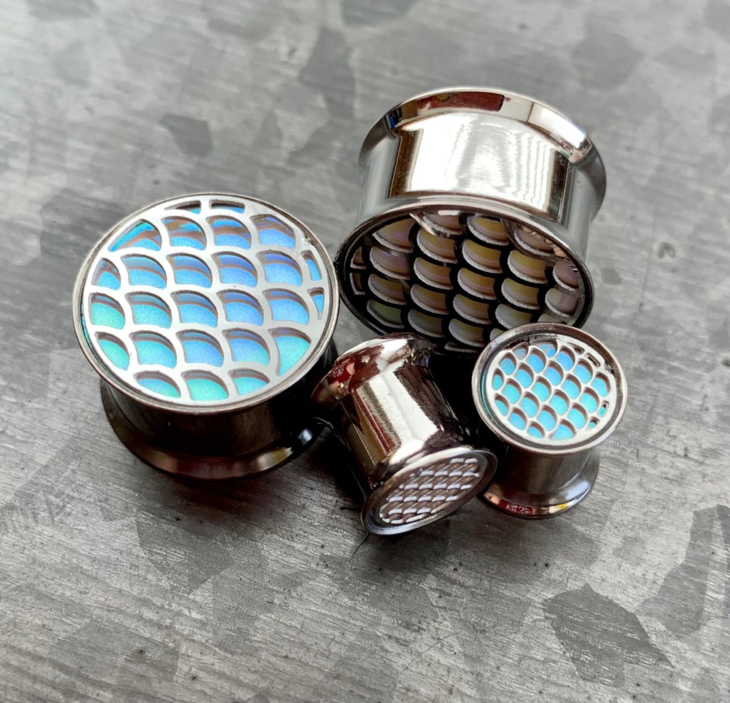 PAIR of Unique Hologram Fish Scale Stainless Steel Double Flare Tunnels/Plugs - Gauges 0g (8mm) through 5/8" (16mm) available!