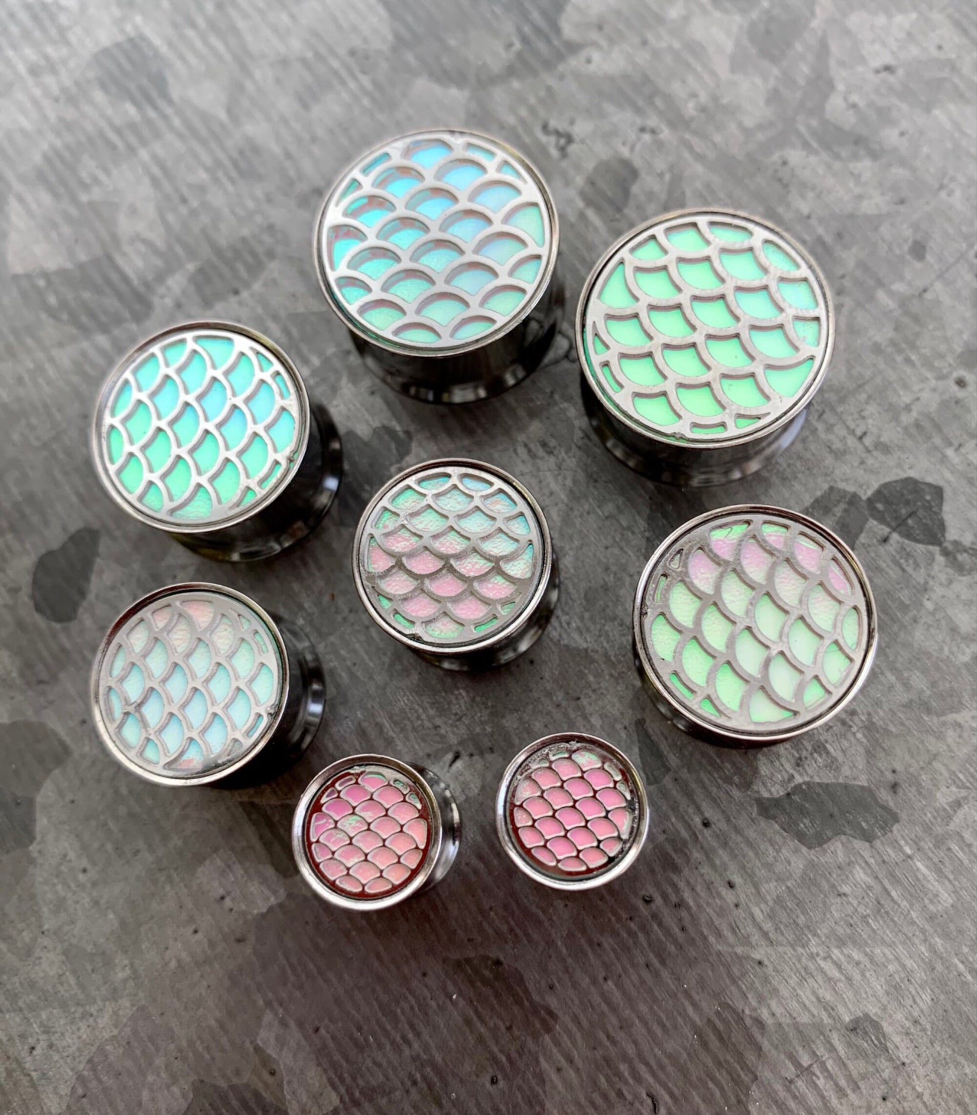 PAIR of Unique Hologram Fish Scale Stainless Steel Double Flare Tunnels/Plugs - Gauges 0g (8mm) through 5/8" (16mm) available!