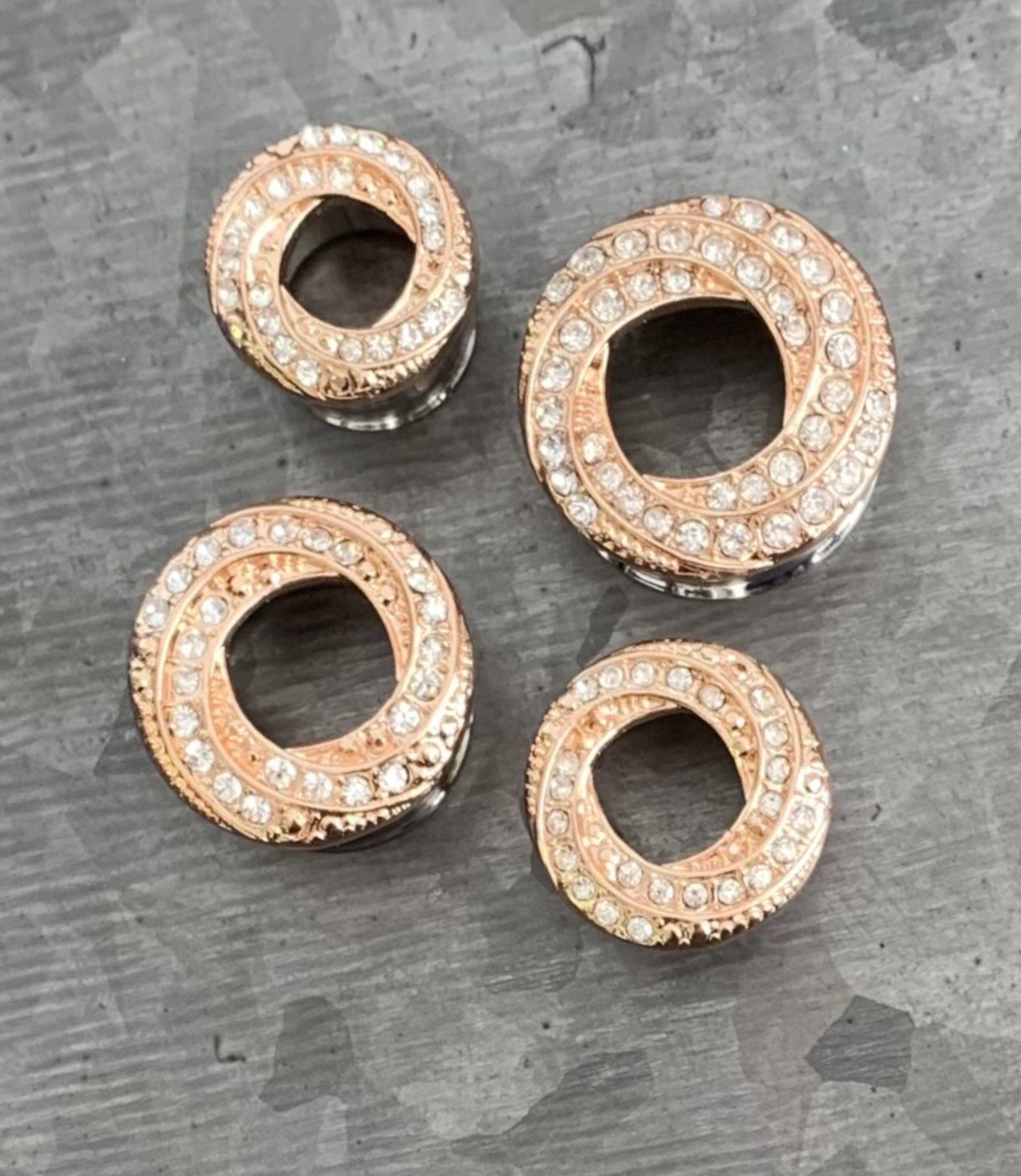 PAIR of Stunning Gem Paved Braided Swirl Double Flare Tunnels / Plugs - Silver, Gold or Rose Gold - 00g (10mm) thru 5/8"(16mm) available!