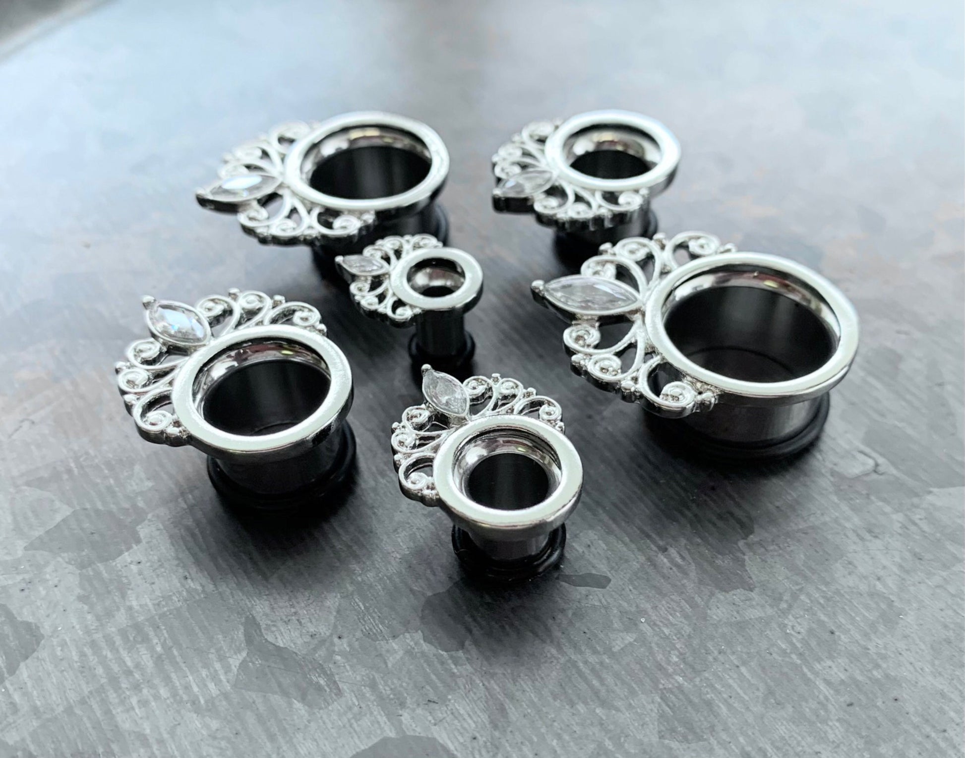 PAIR of Marquise Crystal Vintage Filigree Drop Single Flare Tunnels/Plugs - Gauges 4g (5mm) thru 16g (5/8") available & includes O-rings!