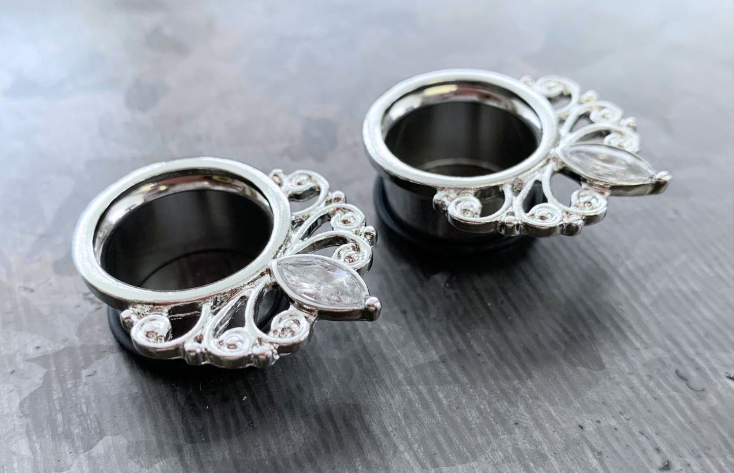 PAIR of Marquise Crystal Vintage Filigree Drop Single Flare Tunnels/Plugs - Gauges 4g (5mm) thru 16g (5/8") available & includes O-rings!