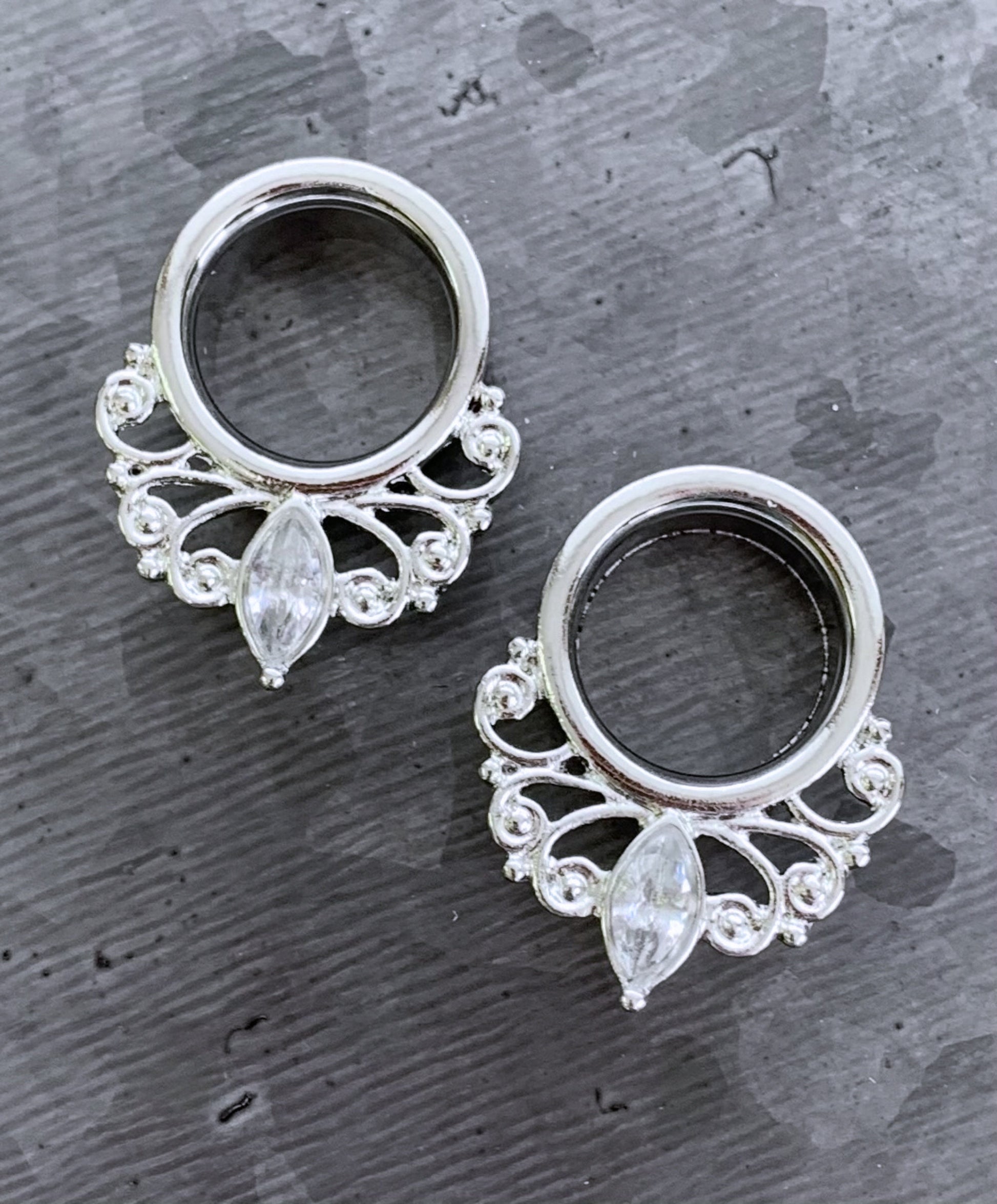 PAIR of Marquise Crystal Vintage Filigree Drop Single Flare Tunnels/Plugs - Gauges 4g (5mm) thru 16g (5/8") available & includes O-rings!