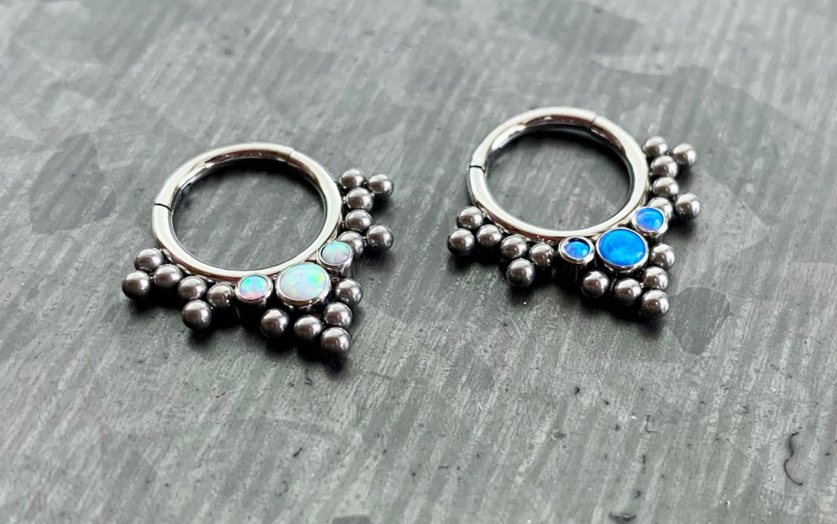 1pc Implant Grade Titanium 3 Bezel Set Opals with Beads Hinged Septum Ring, Blue or White - Gauge 16g - 5/16" (8mm) available!