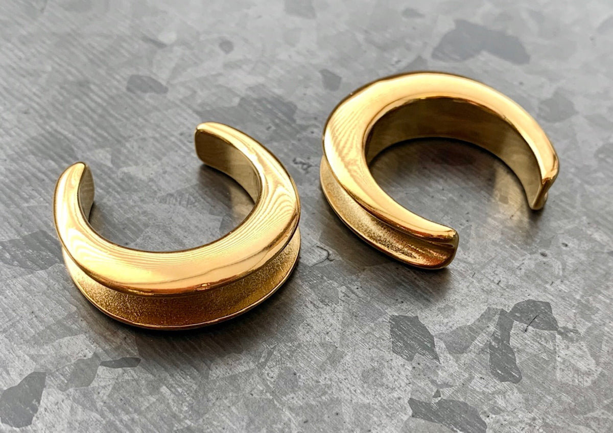 Pair of Stunning Gold Saddle Surgical Steel Ear Spreaders Hanger-Tunnels/Plugs - Gauges 00g (10mm) thru 1" (25mm) available!
