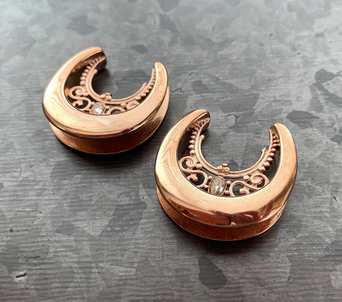 PAIR of Floral Filigree Saddle Surgical Steel Ear Spreaders with CZ Gem Hanger-Tunnels/Plugs - Gauges 00g (10mm) thru 1" (25mm) available!