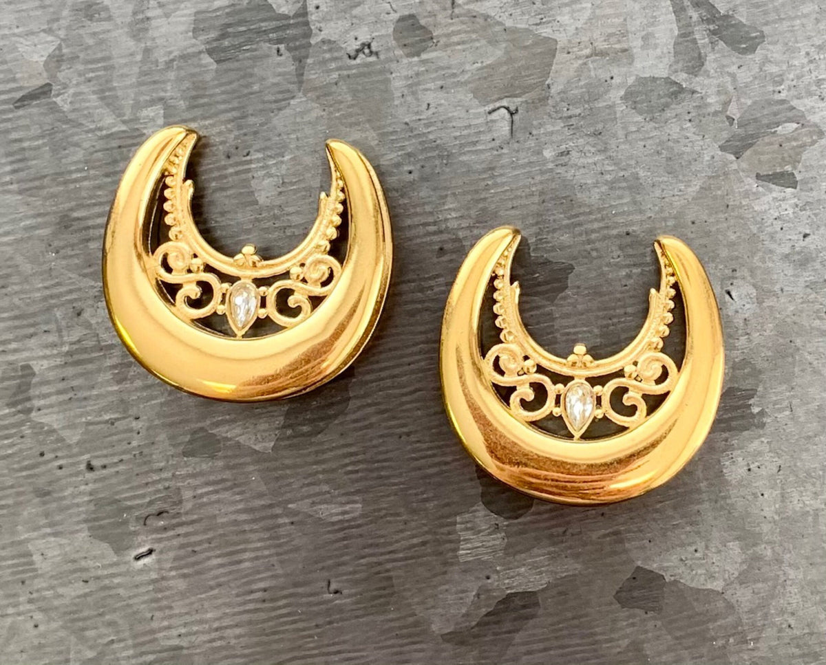 PAIR of Floral Filigree Saddle Surgical Steel Ear Spreaders with CZ Gem Hanger-Tunnels/Plugs - Gauges 00g (10mm) thru 1" (25mm) available!