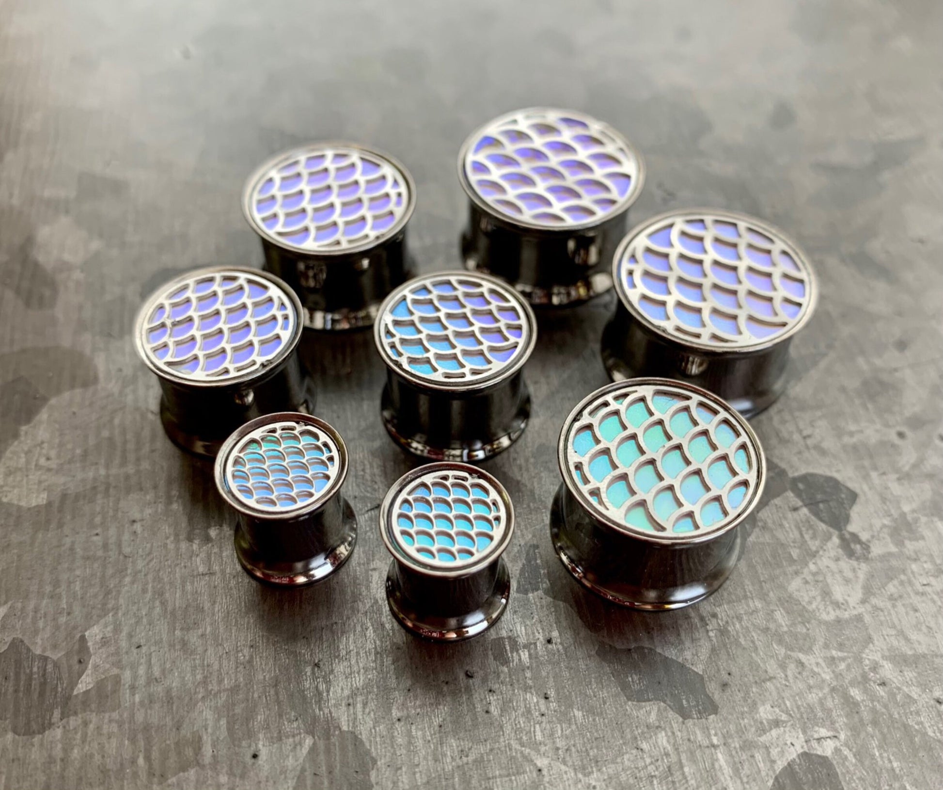 PAIR of Unique Hologram Fish Scale Stainless Steel Double Flare Tunnels/Plugs - Gauges 0g (8mm) through 5/8" (16mm) available!