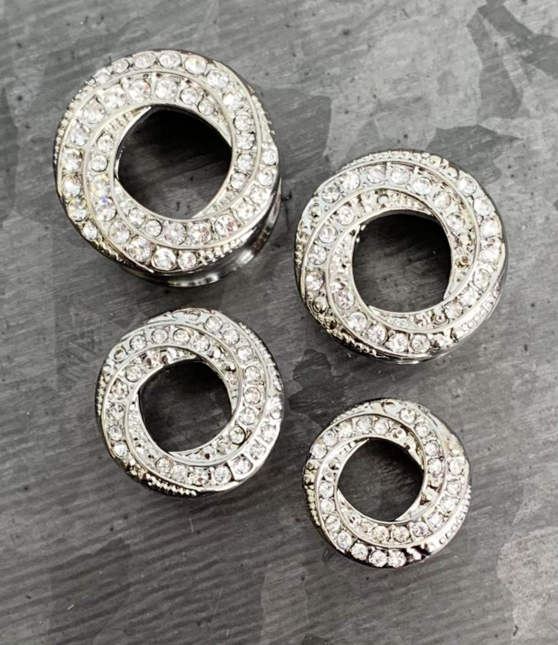 PAIR of Stunning Gem Paved Braided Swirl Double Flare Tunnels / Plugs - Silver, Gold or Rose Gold - 00g (10mm) thru 5/8"(16mm) available!