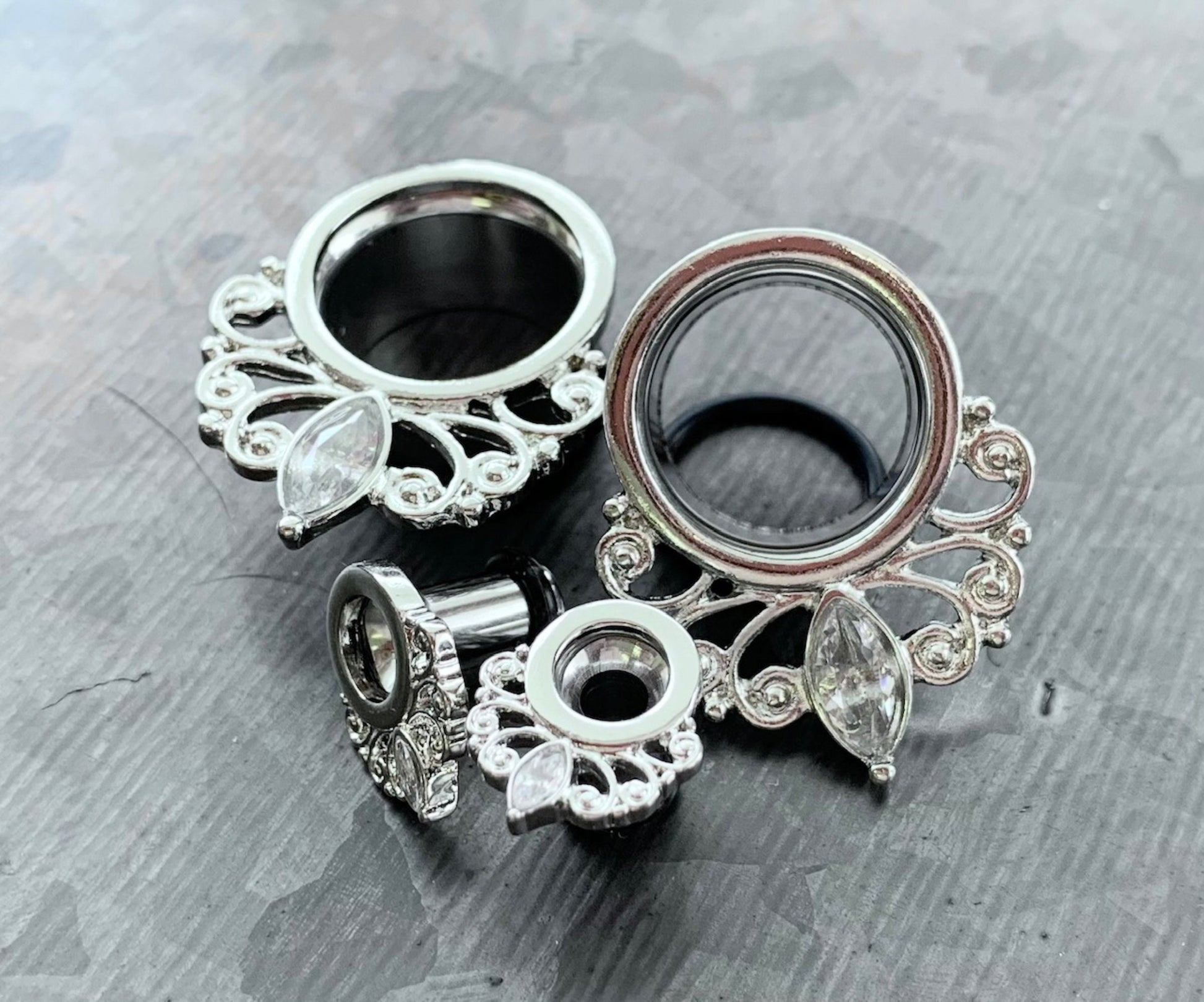 PAIR of Marquise Crystal Vintage Filigree Drop Single Flare Tunnels/Plugs - Gauges 4g (5mm) thru 16g (5/8") available & includes O-rings!