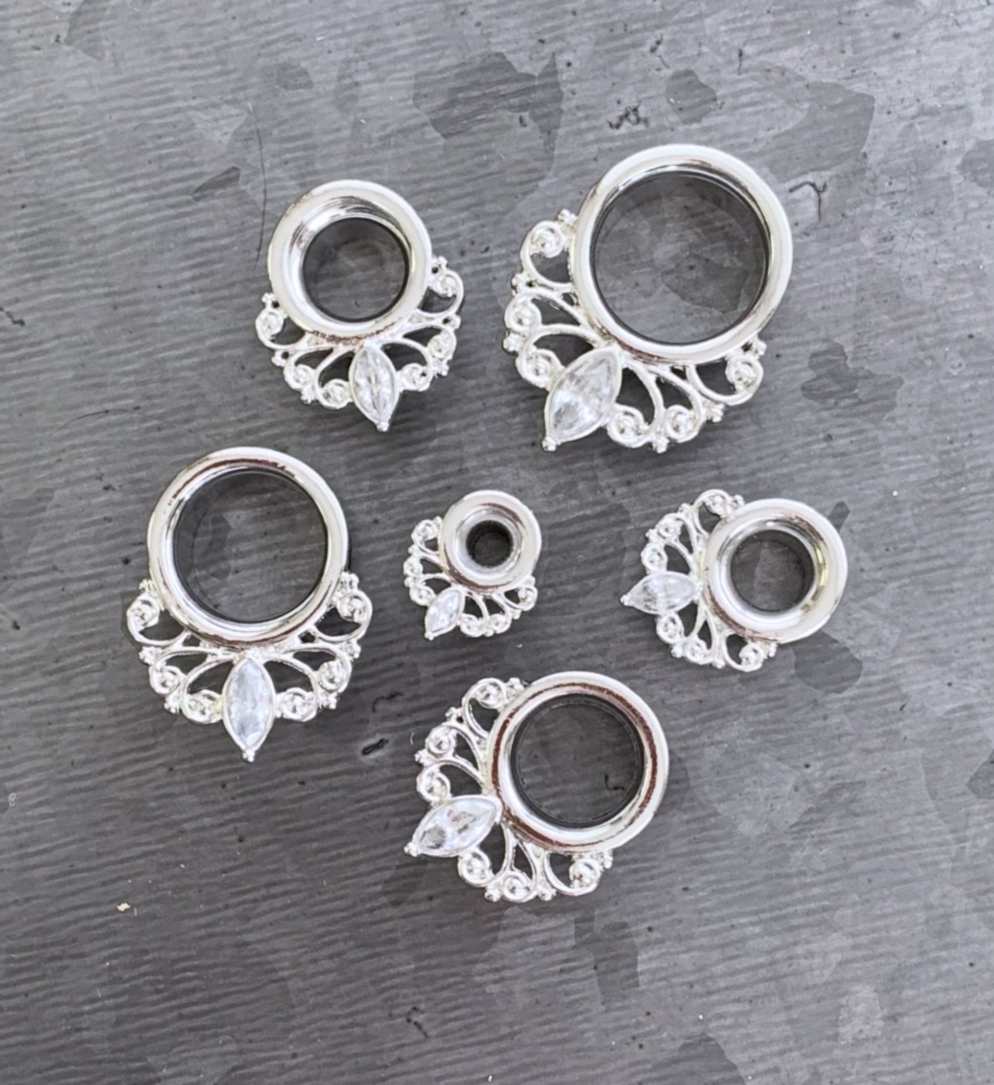 PAIR of Marquise Crystal Vintage Filigree Drop Single Flare Tunnels/Plugs - Gauges 4g (5mm) thru 16g (5/8") available & includes O-rings!